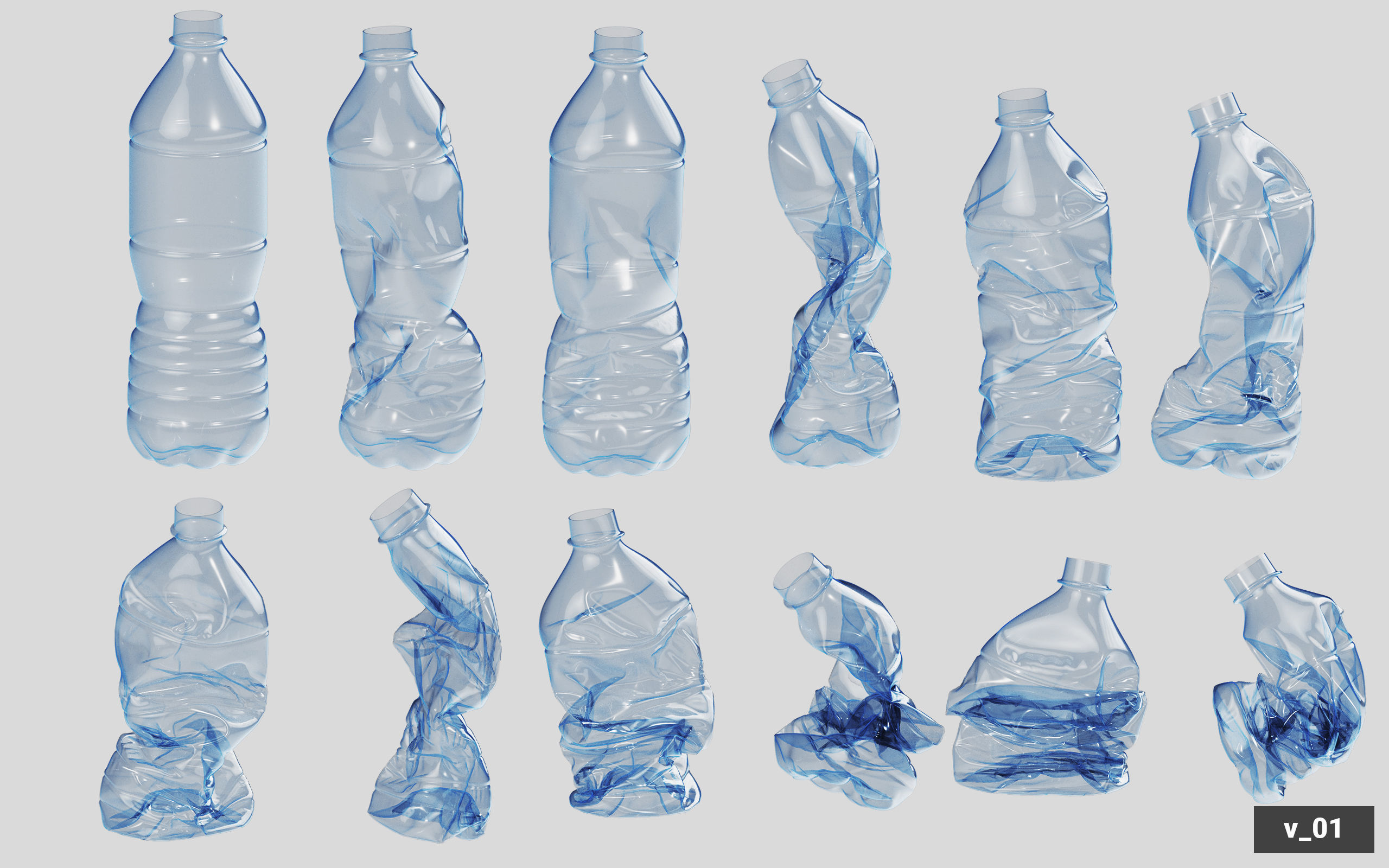 Collection of Crushed Plastic Bottles - 60 items 3D model_7