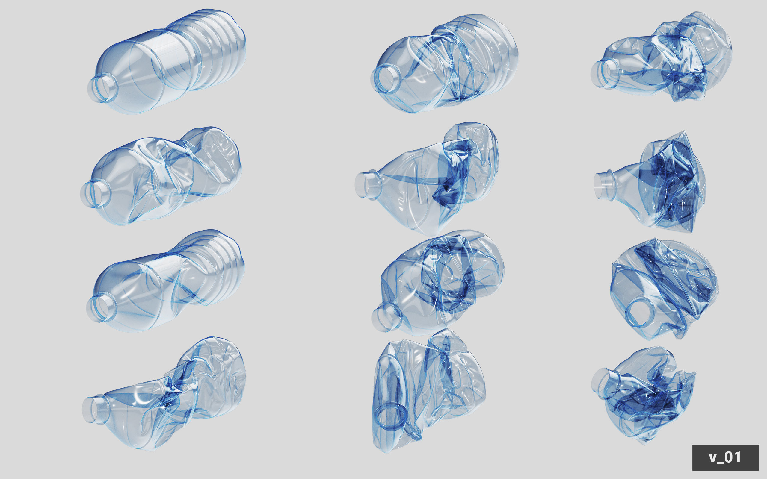 Collection of Crushed Plastic Bottles - 60 items 3D model_12