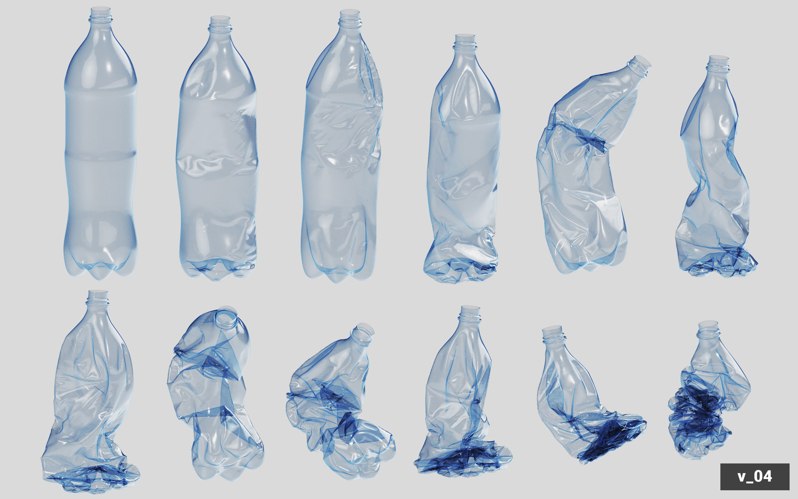 Collection of Crushed Plastic Bottles - 60 items 3D model_38