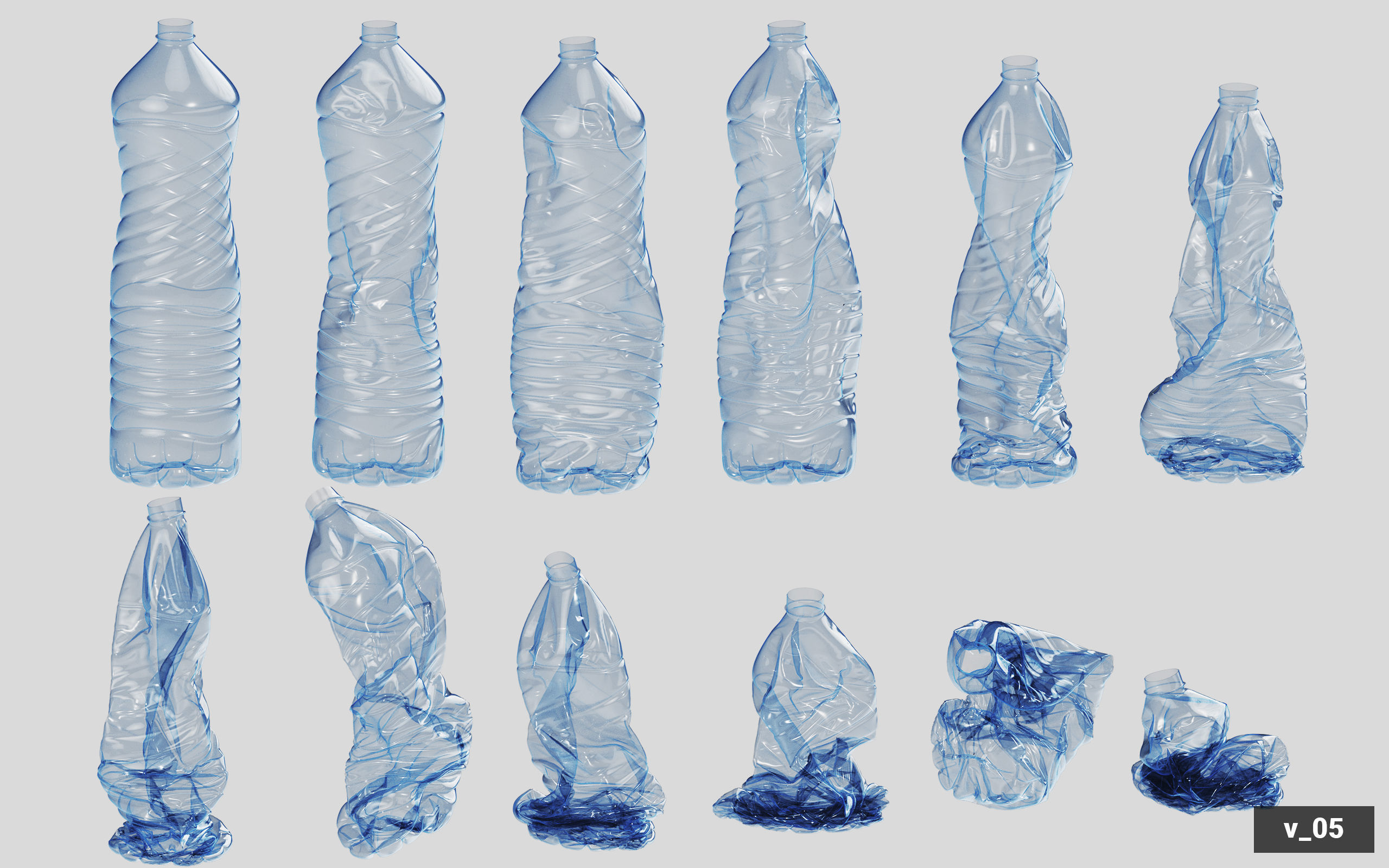 Collection of Crushed Plastic Bottles - 60 items 3D model_54