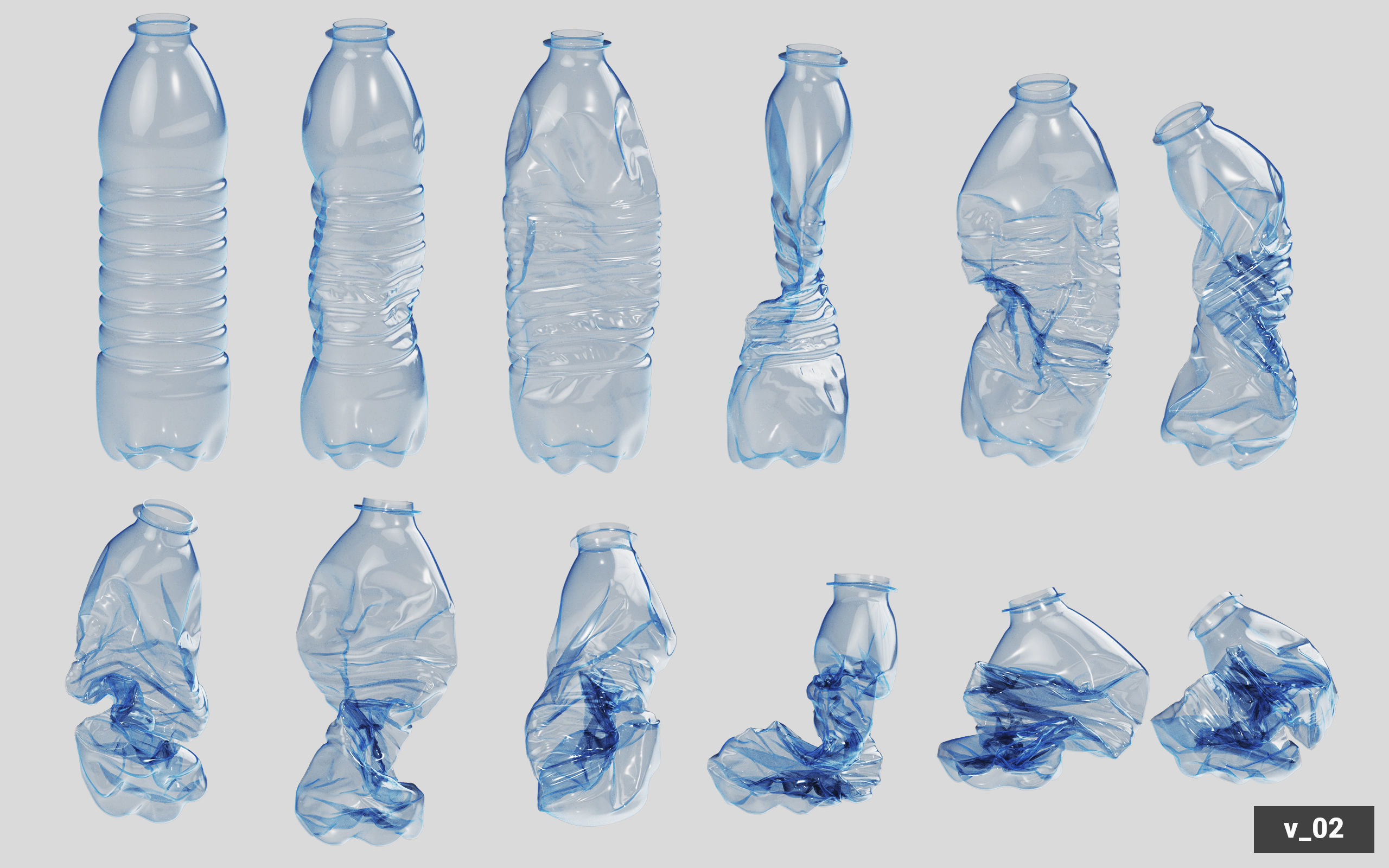Collection of Crushed Plastic Bottles - 60 items 3D model_19