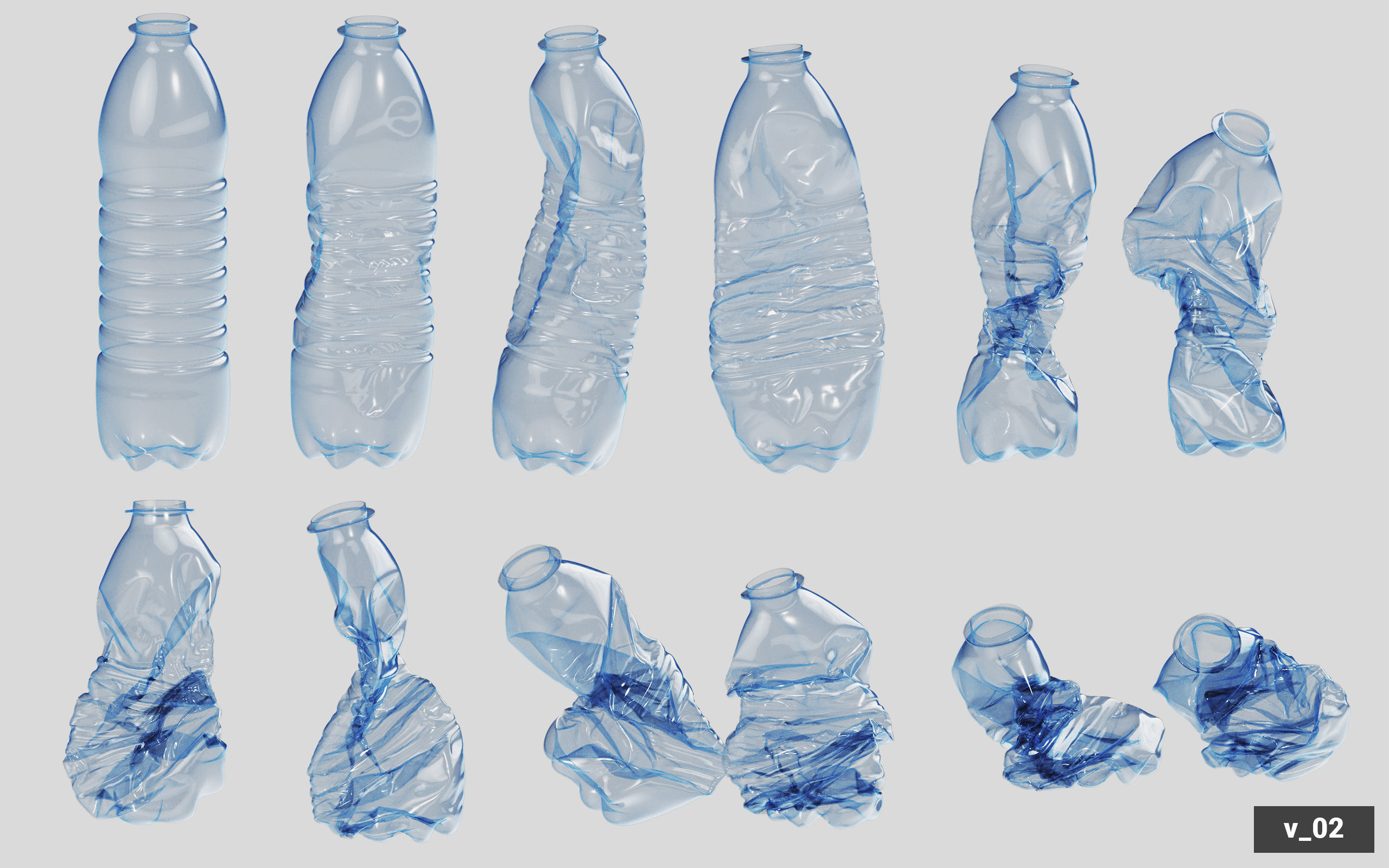 Collection of Crushed Plastic Bottles - 60 items 3D model_15