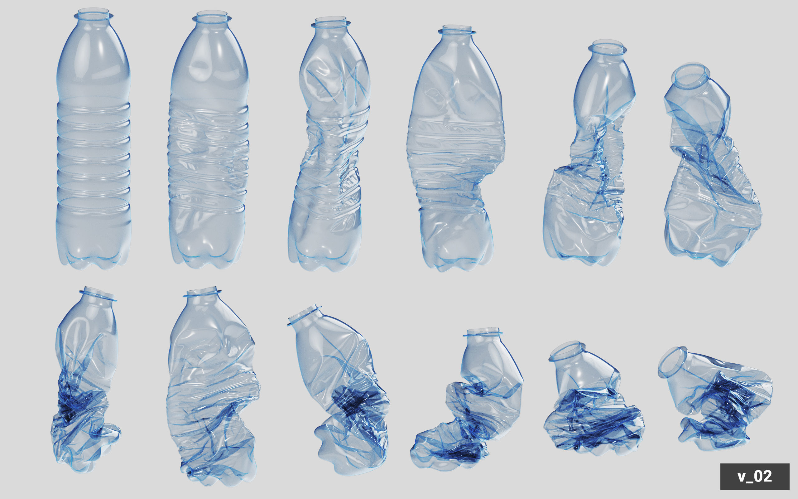 Collection of Crushed Plastic Bottles - 60 items 3D model_14