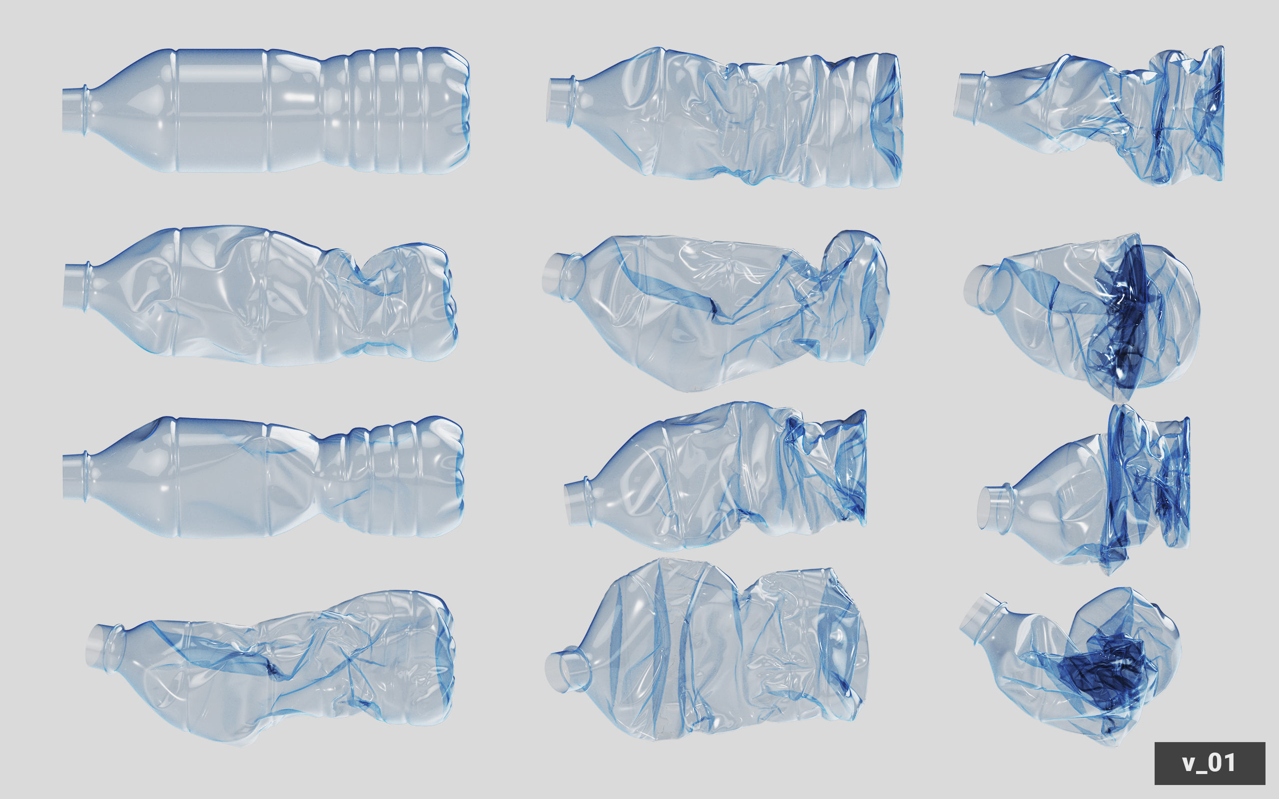 Collection of Crushed Plastic Bottles - 60 items 3D model_11