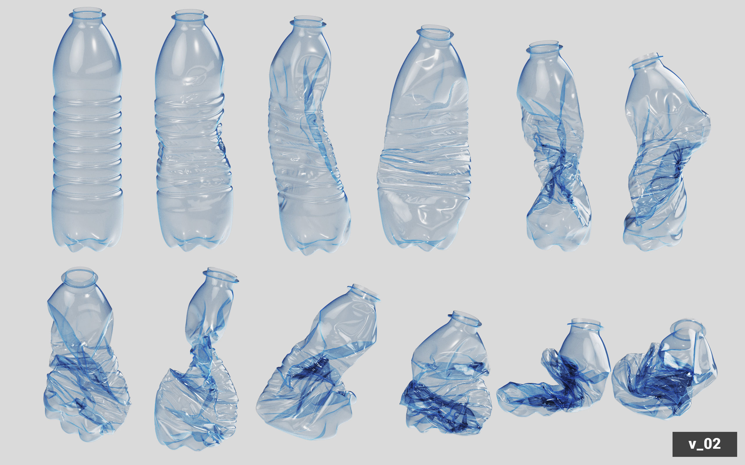 Collection of Crushed Plastic Bottles - 60 items 3D model_18