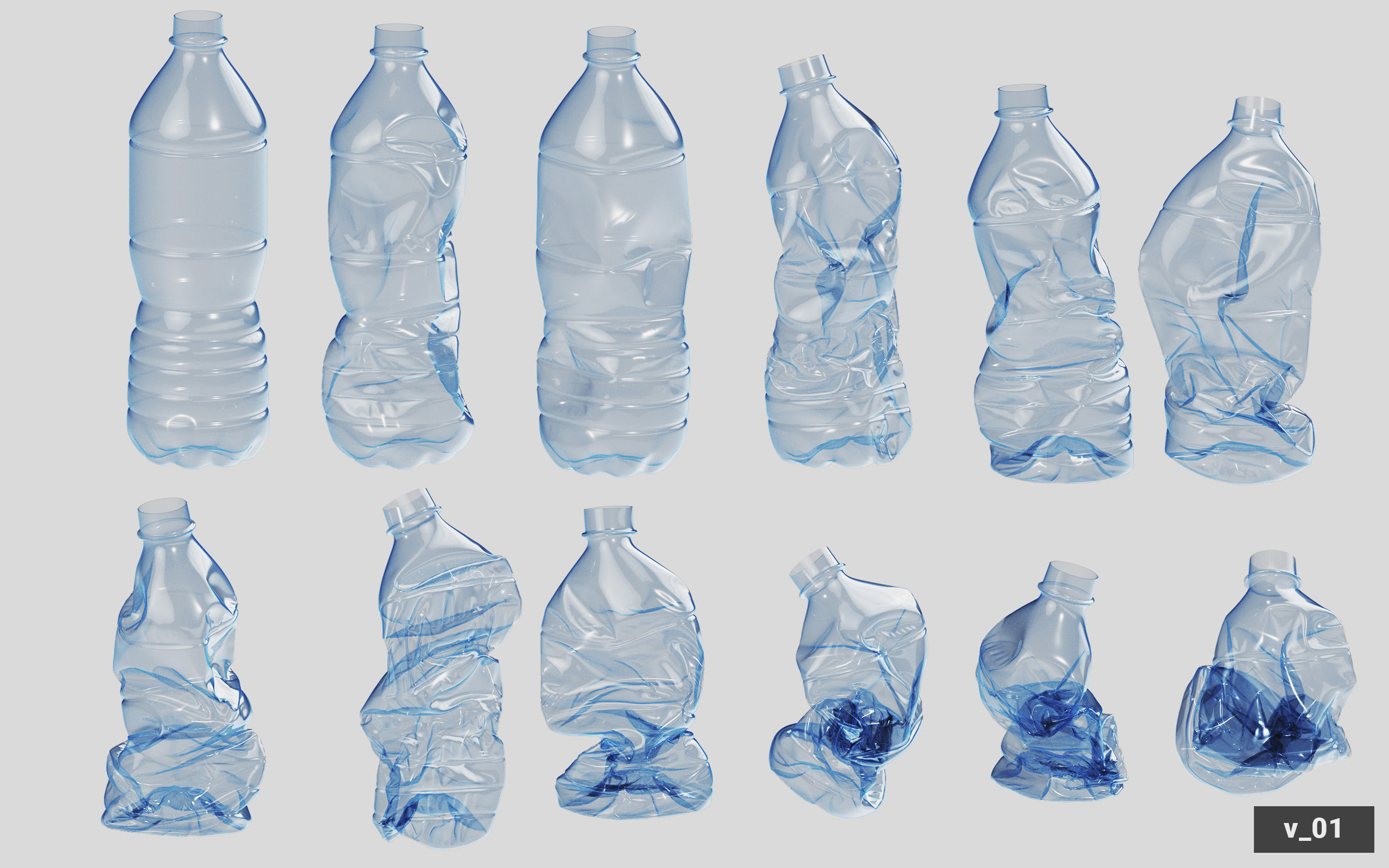 Collection of Crushed Plastic Bottles - 60 items 3D model_6