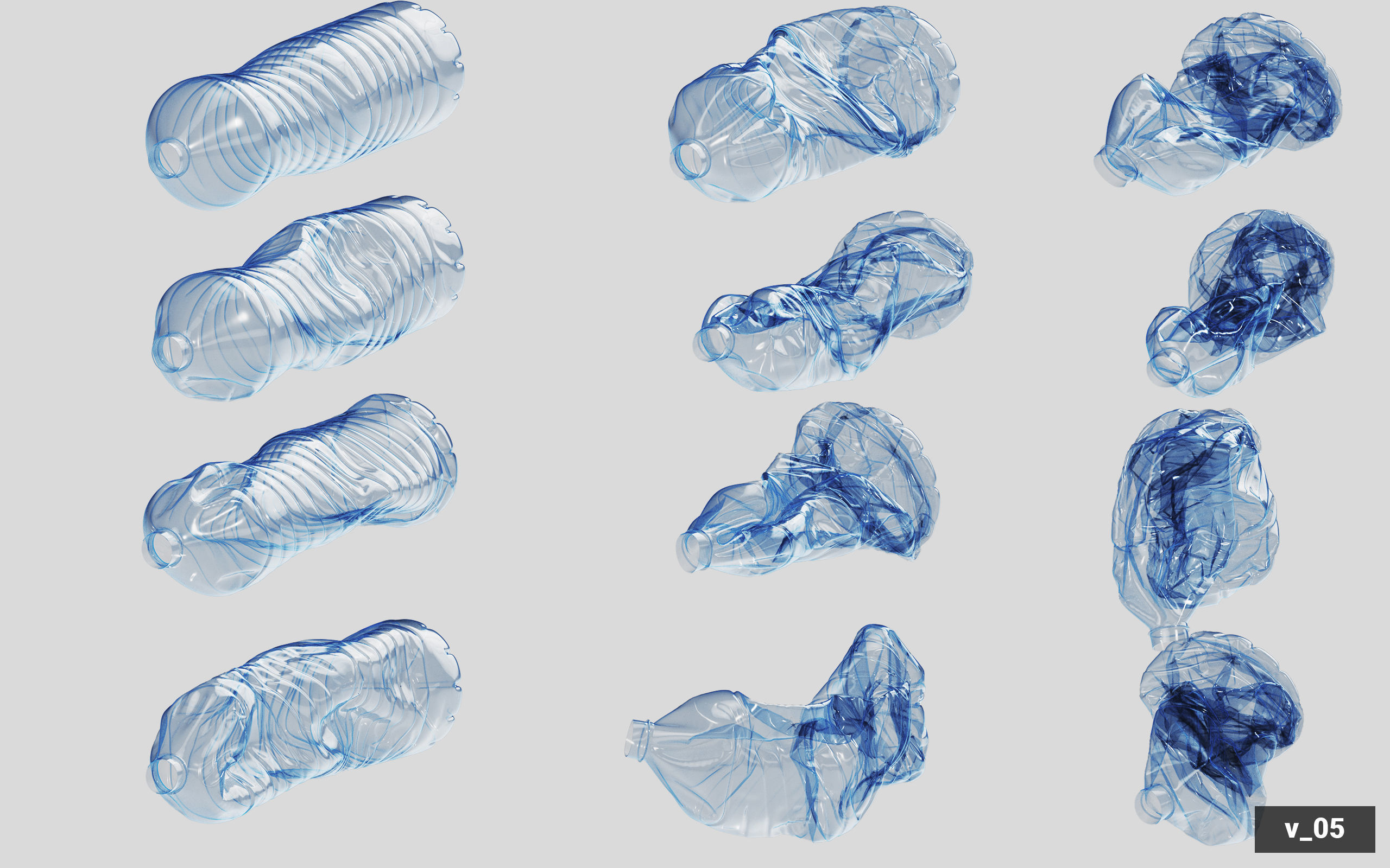 Collection of Crushed Plastic Bottles - 60 items 3D model_60