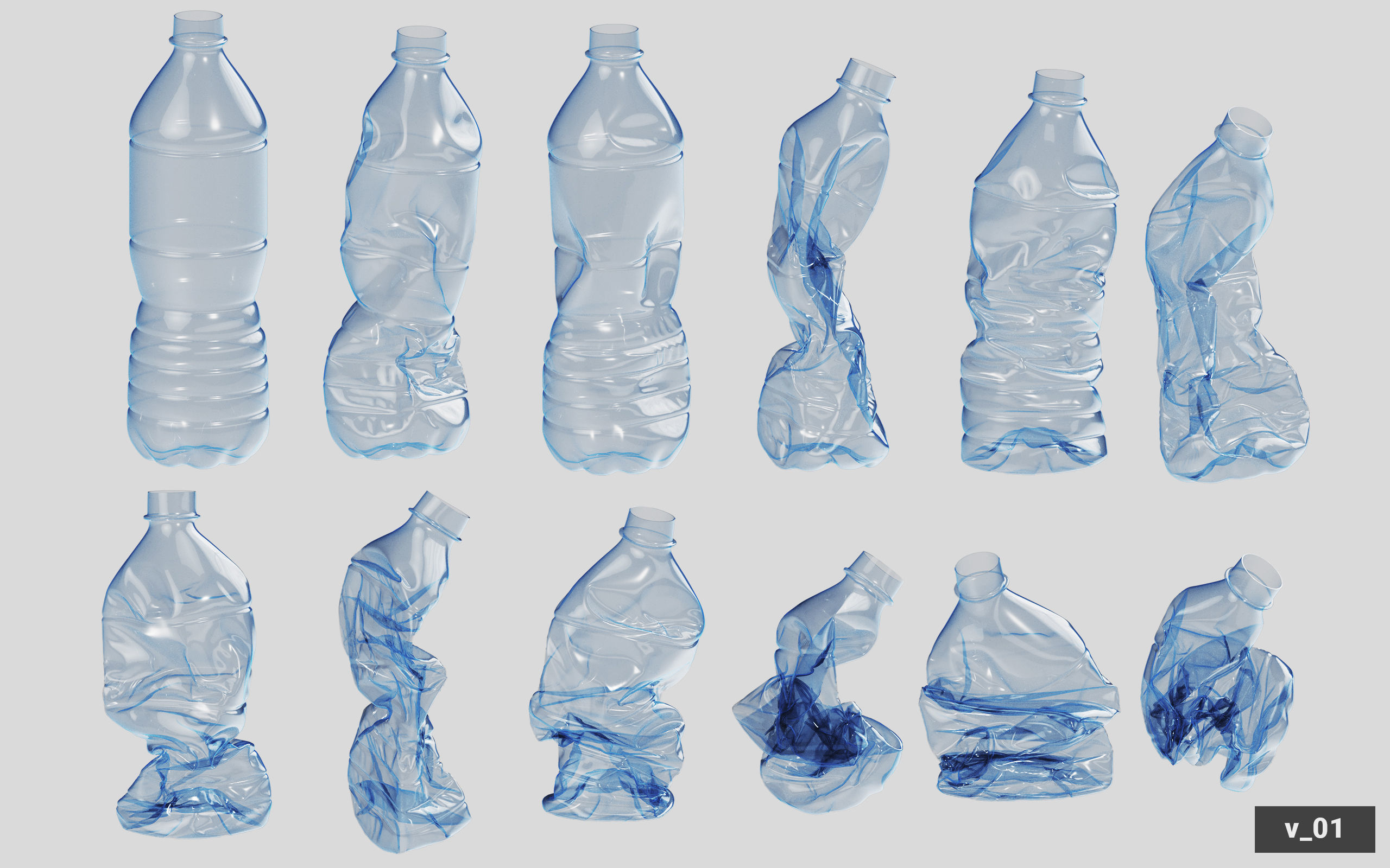 Collection of Crushed Plastic Bottles - 60 items 3D model_4