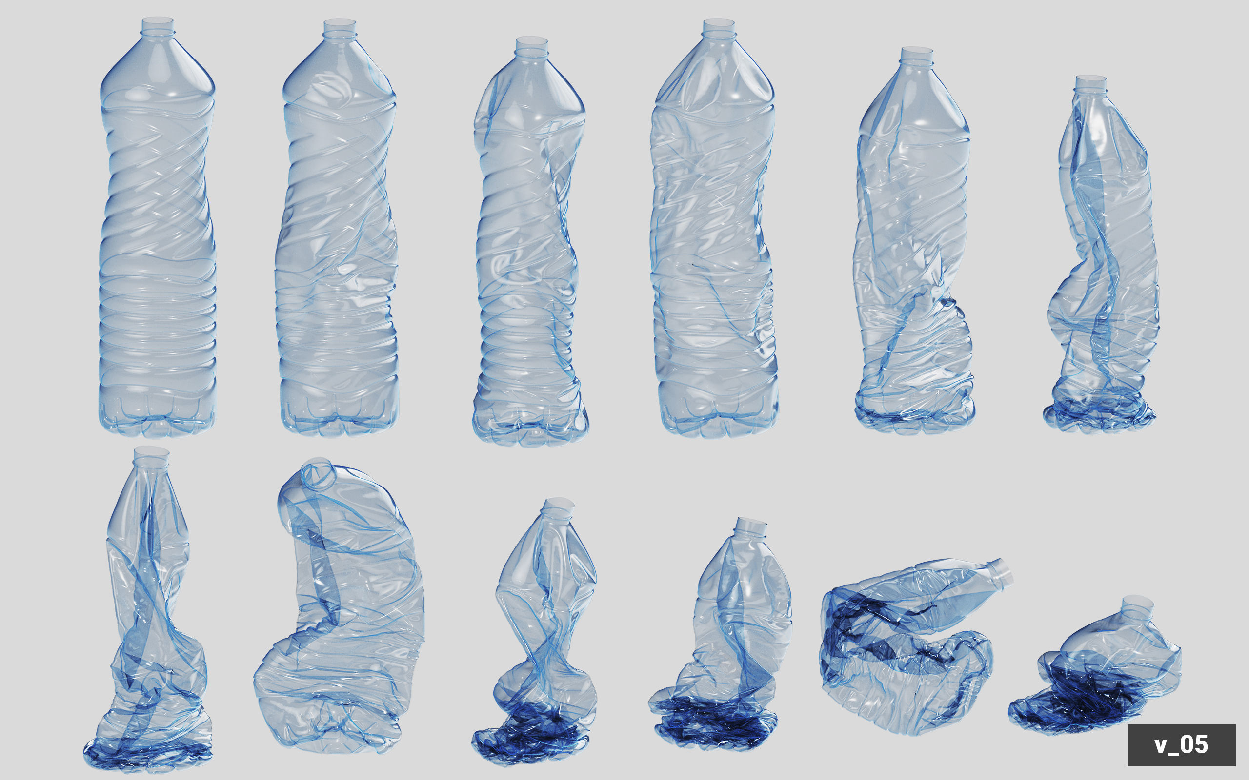 Collection of Crushed Plastic Bottles - 60 items 3D model_50