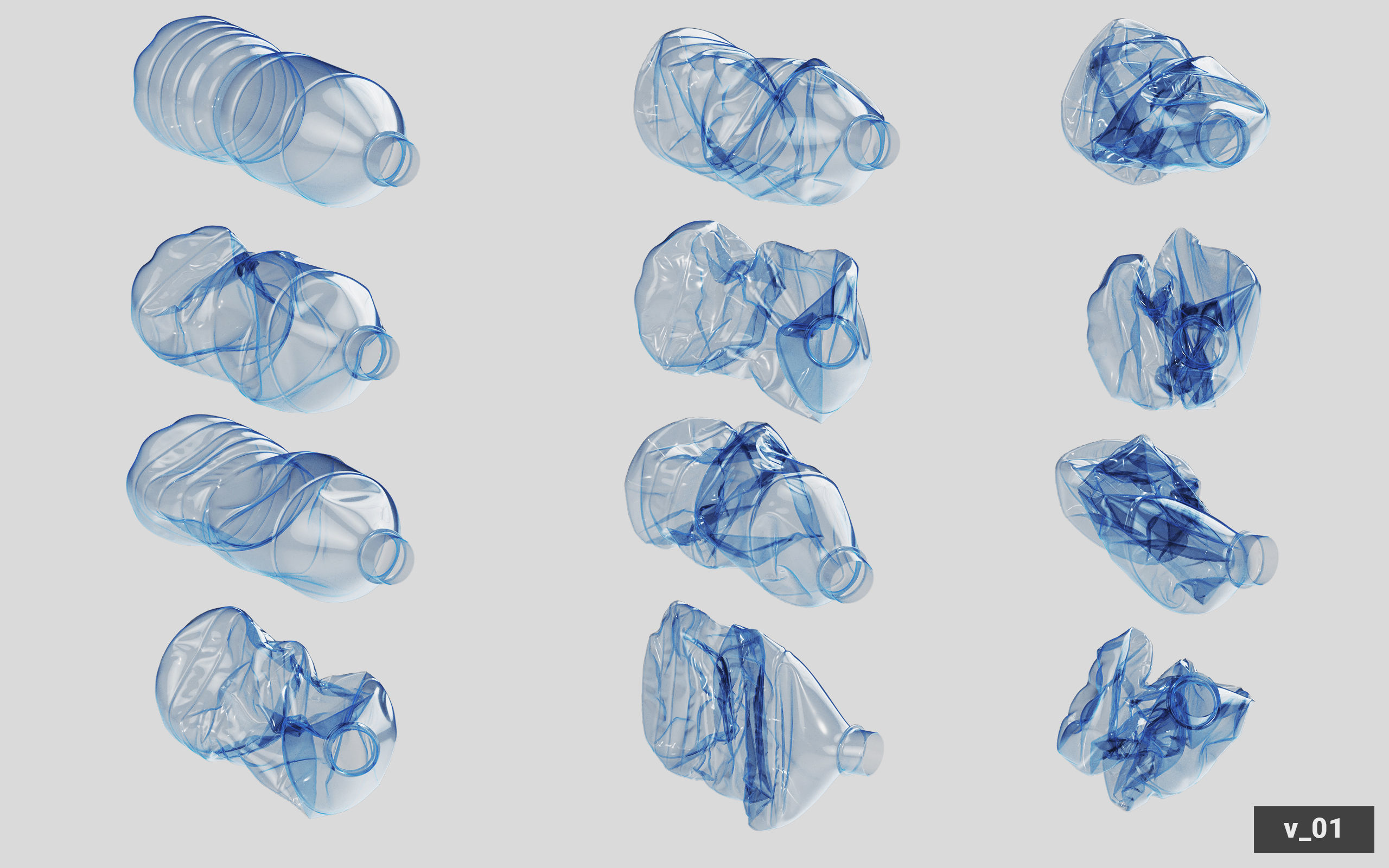 Collection of Crushed Plastic Bottles - 60 items 3D model_13