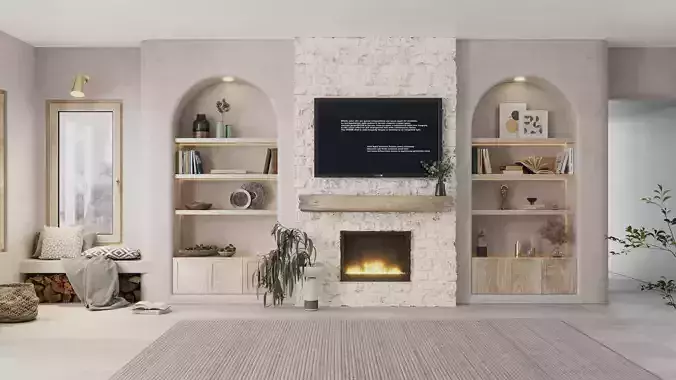 Bohemian Wall Design Arched Shelves Stone Fireplace 