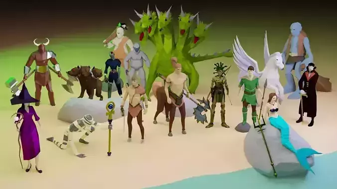 Fantasy Realms Big pack of Character Models Low Poly Rigged 3D Model Collection