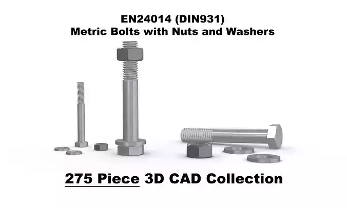 275 Parts 3D CAD Library - BOLTS -EN24014 -  DIN931 - ISO4014 3D model