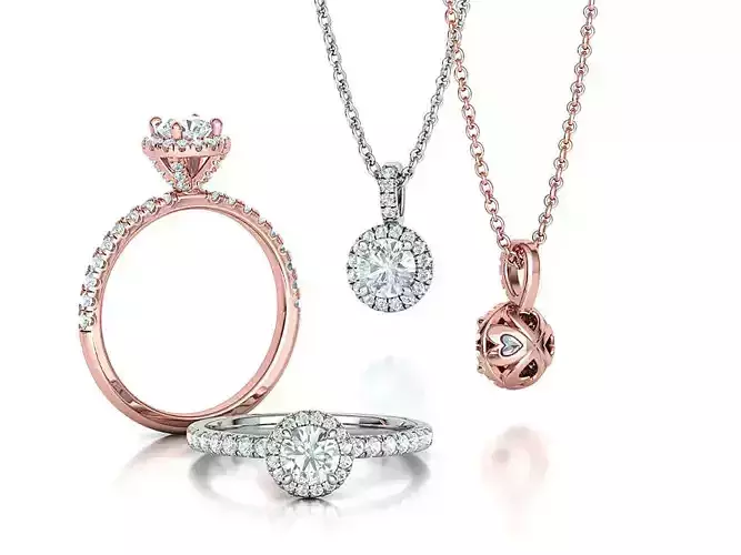 Grace Halo Ring and Small Round Pendant Jewelry set 3dmodels 3D Model Collection
