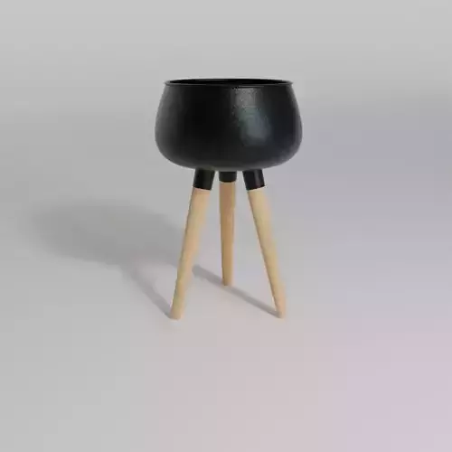 Black metal flower pot with wooden legs