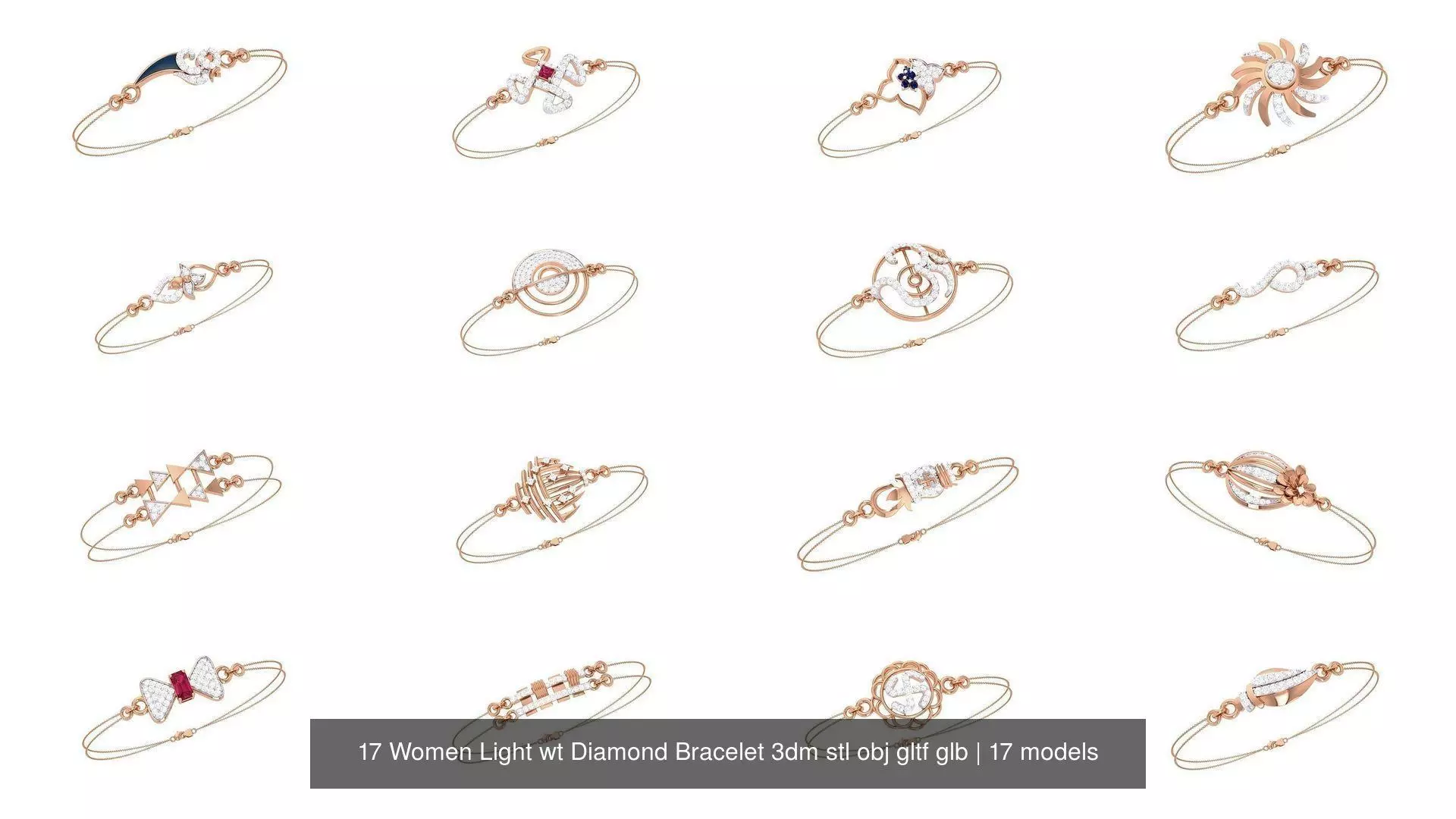 17 Women Light wt Diamond Bracelet 3dm stl obj gltf glb 3D Model Collection_0