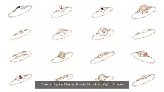 17 Women Light wt Diamond Bracelet 3dm stl obj gltf glb 3D Model Collection
