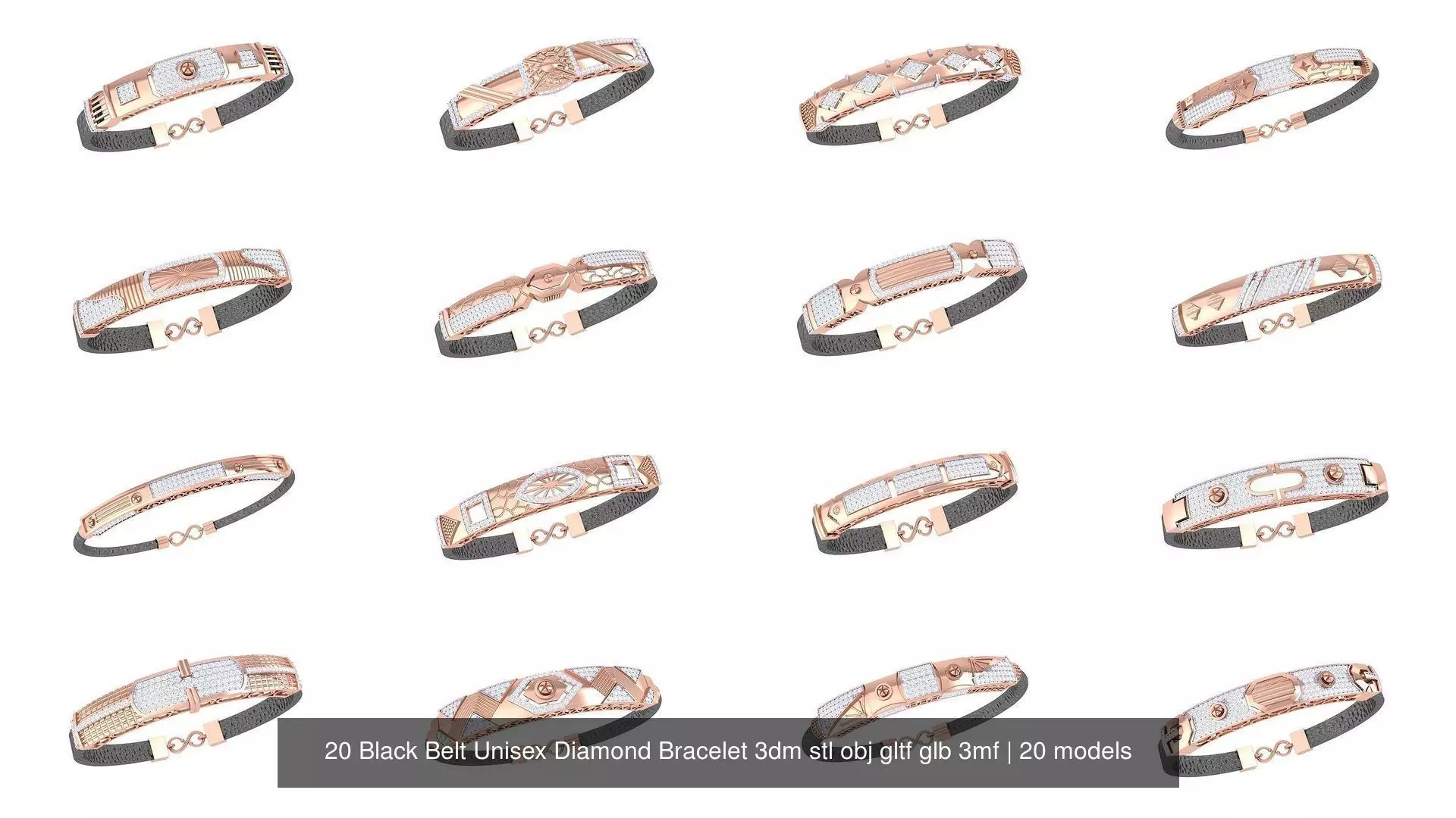 20 Black Belt Unisex Diamond Bracelet 3dm stl obj gltf glb 3mf 3D Model Collection_0