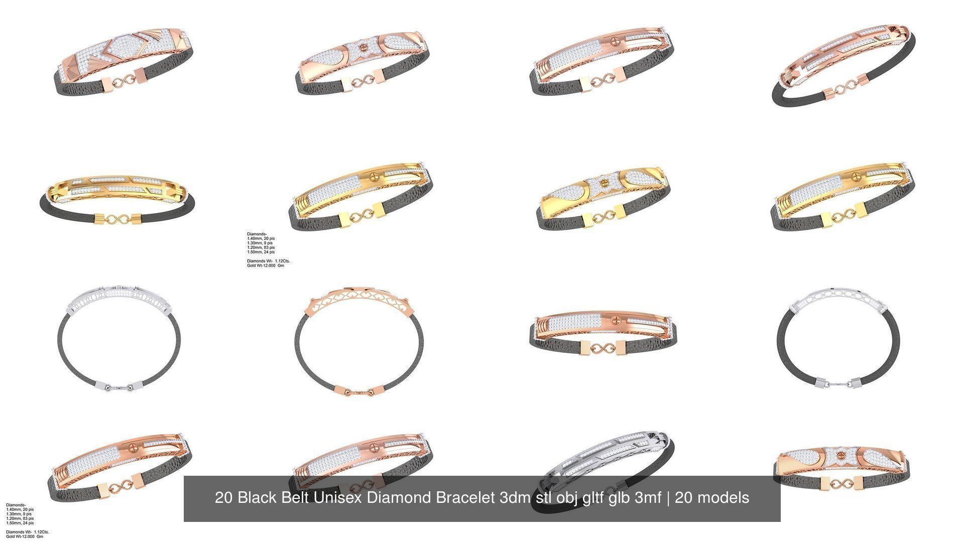 20 Black Belt Unisex Diamond Bracelet 3dm stl obj gltf glb 3mf 3D Model Collection_2