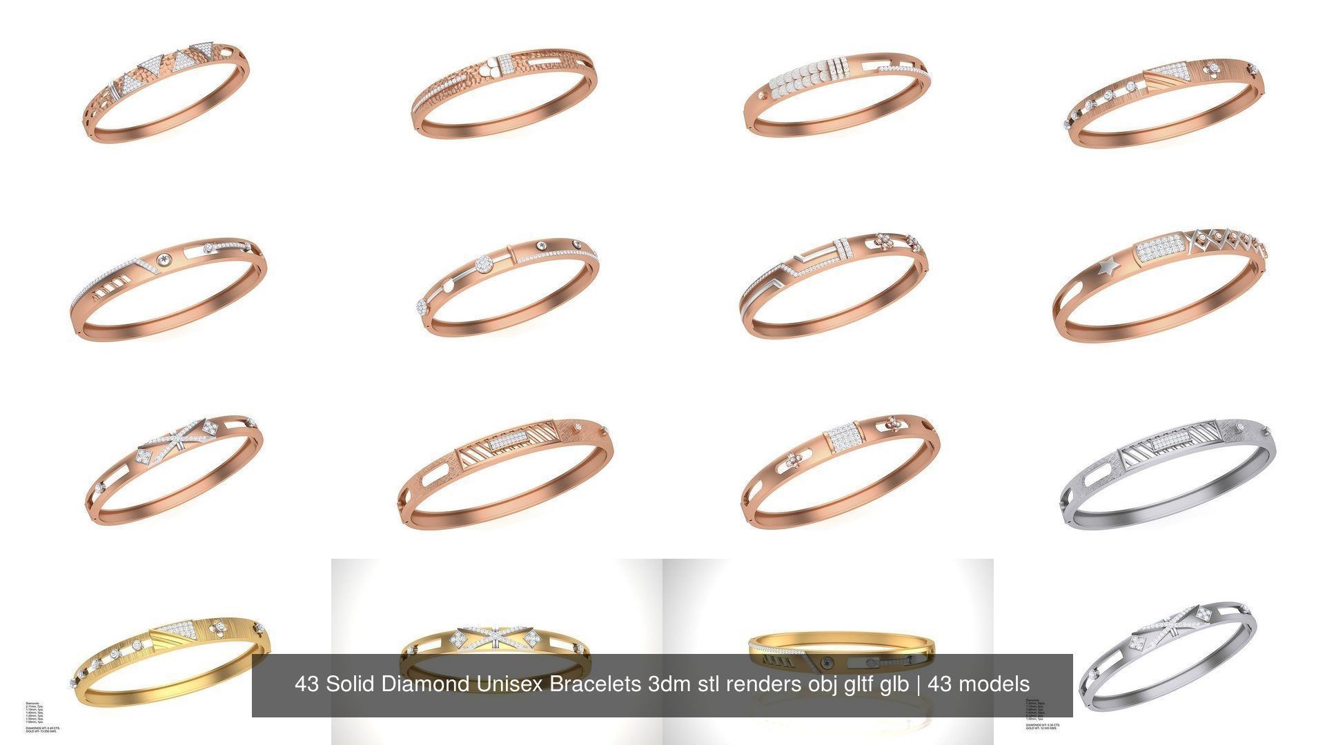 43 Solid Diamond Unisex Bracelets 3dm stl renders obj gltf glb 3D Model Collection_4