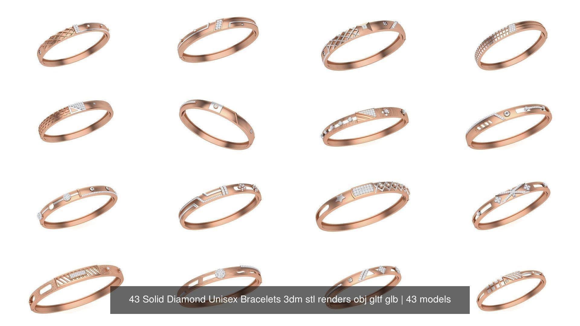 43 Solid Diamond Unisex Bracelets 3dm stl renders obj gltf glb 3D Model Collection_2