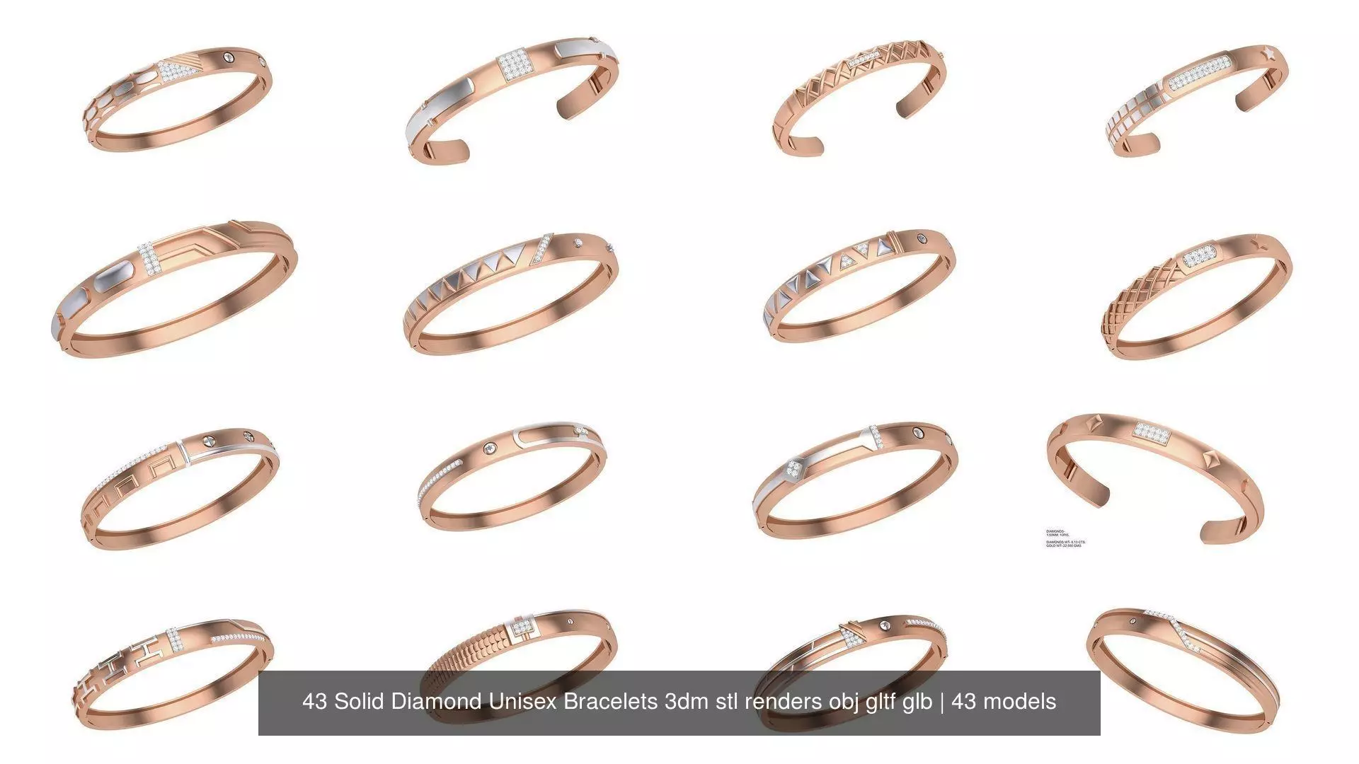 43 Solid Diamond Unisex Bracelets 3dm stl renders obj gltf glb 3D Model Collection_0