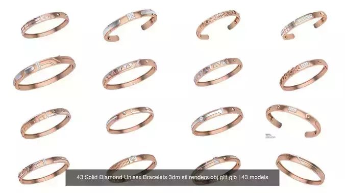 43 Solid Diamond Unisex Bracelets 3dm stl renders obj gltf glb 3D Model Collection