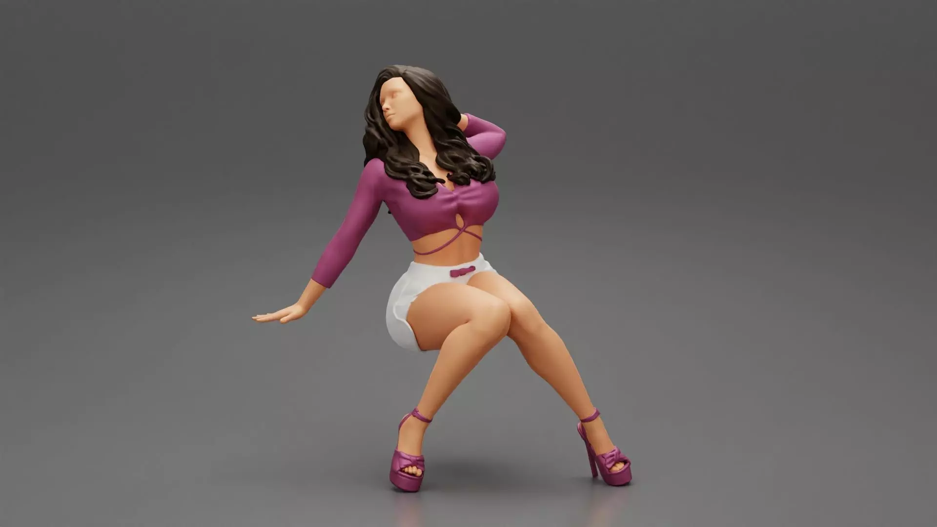 girl in shorts and heels is sitting with one hand in hair 3D print model