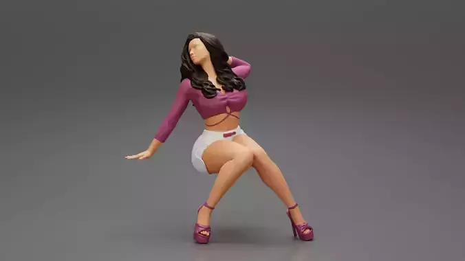 Sexy girl in shorts and heels is sitting with one hand in hair 3D print model