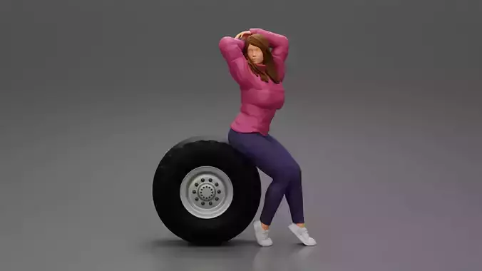Girl in jacket and pants sitting on a truck tyre hands in hair