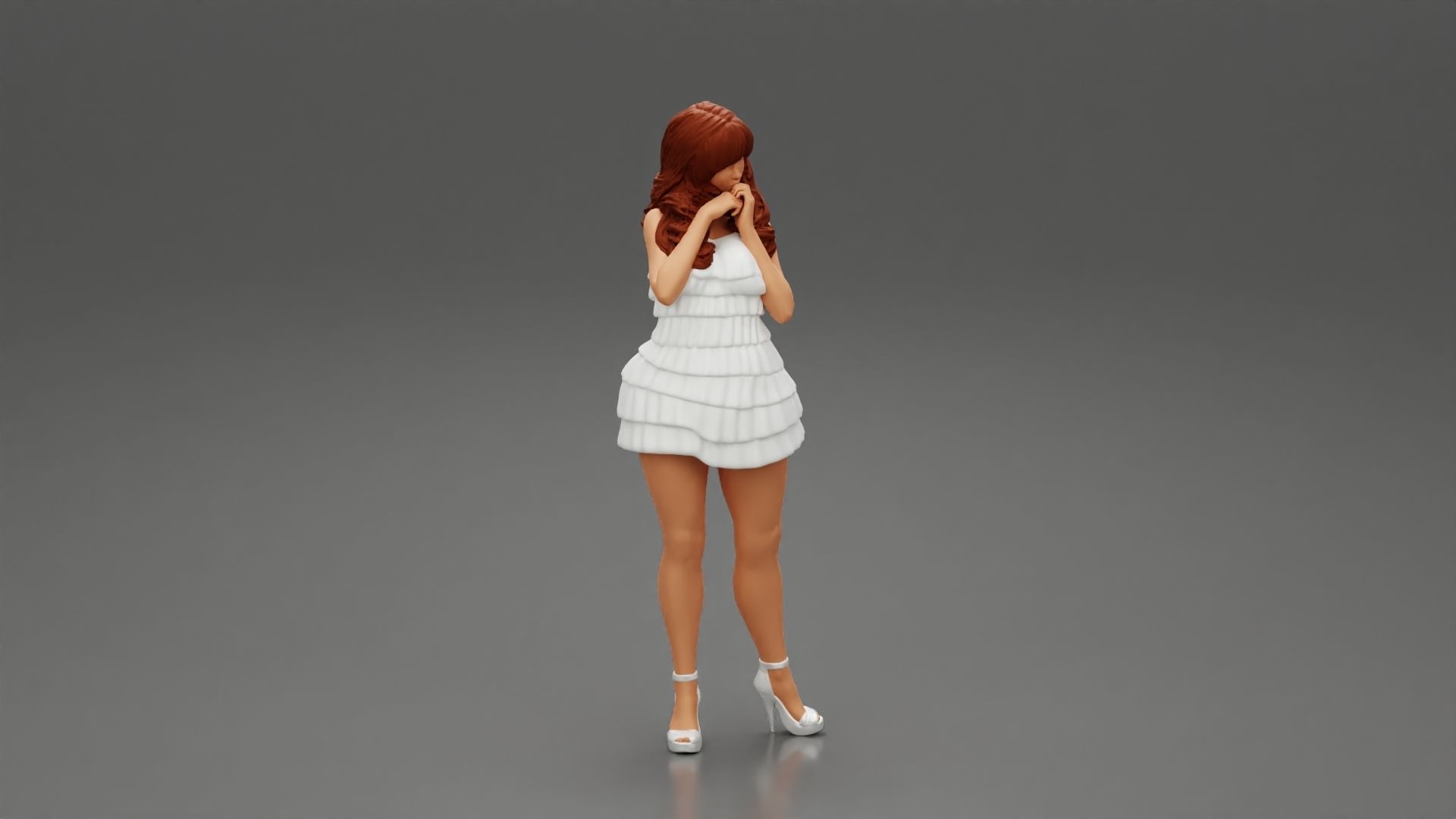 Woman with long hair standing and posing in fashion summer dress 3D print model_1