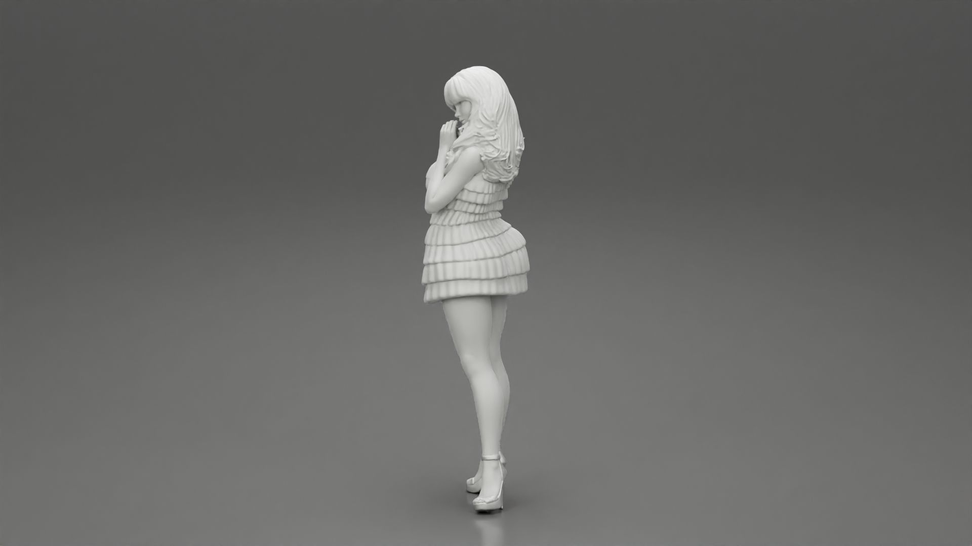 Woman with long hair standing and posing in fashion summer dress 3D print model_11