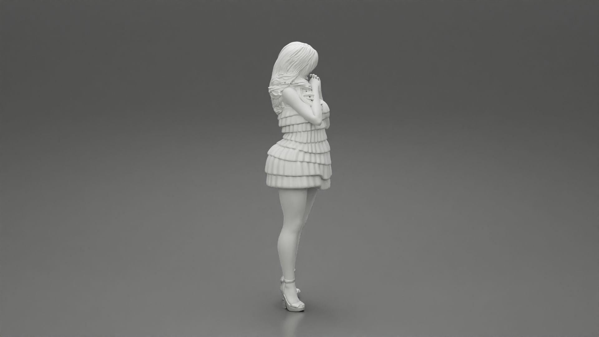 Woman with long hair standing and posing in fashion summer dress 3D print model_8