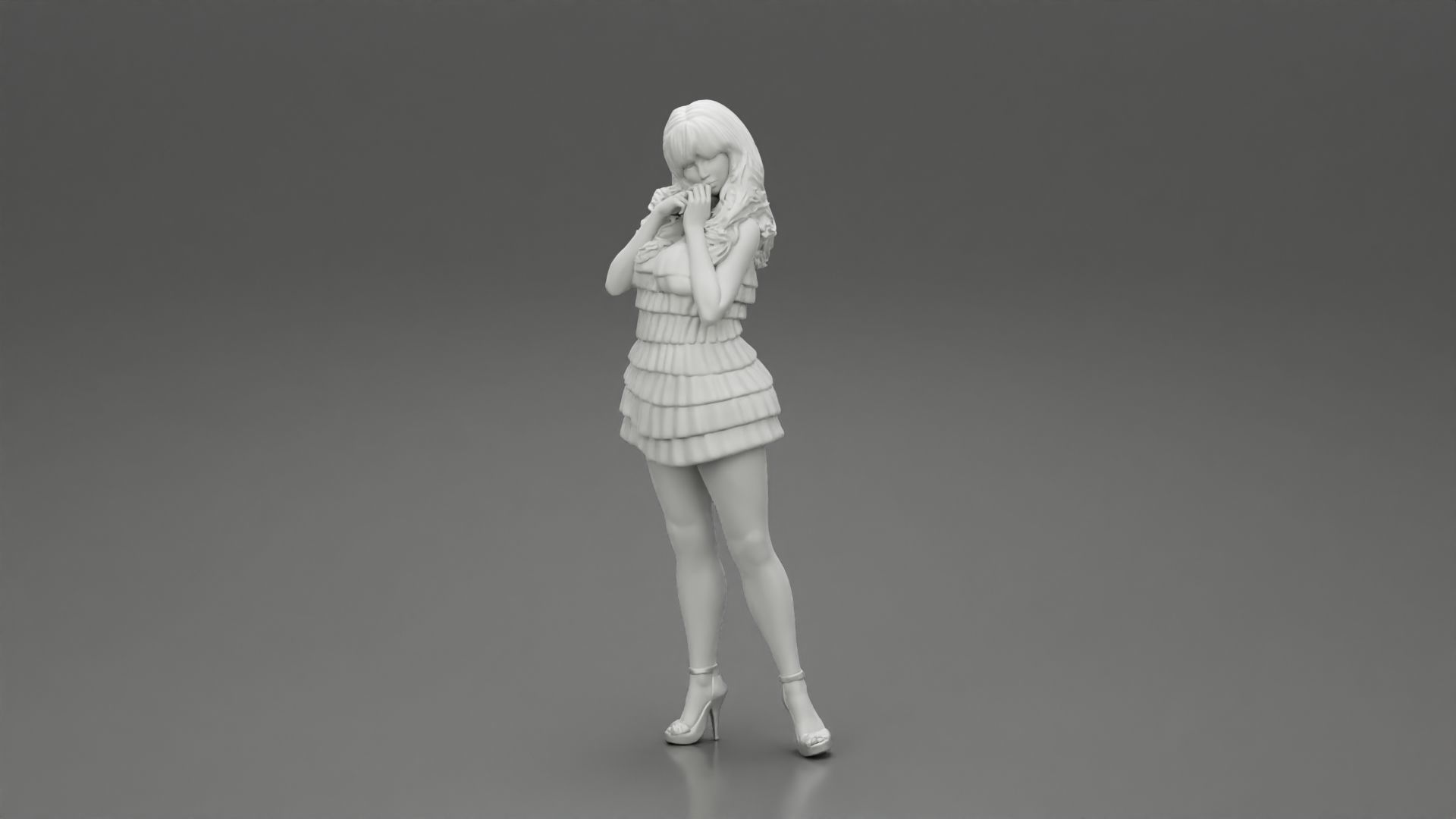 Woman with long hair standing and posing in fashion summer dress 3D print model_6