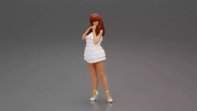 Woman with long hair standing and posing in fashion summer dress 3D print model