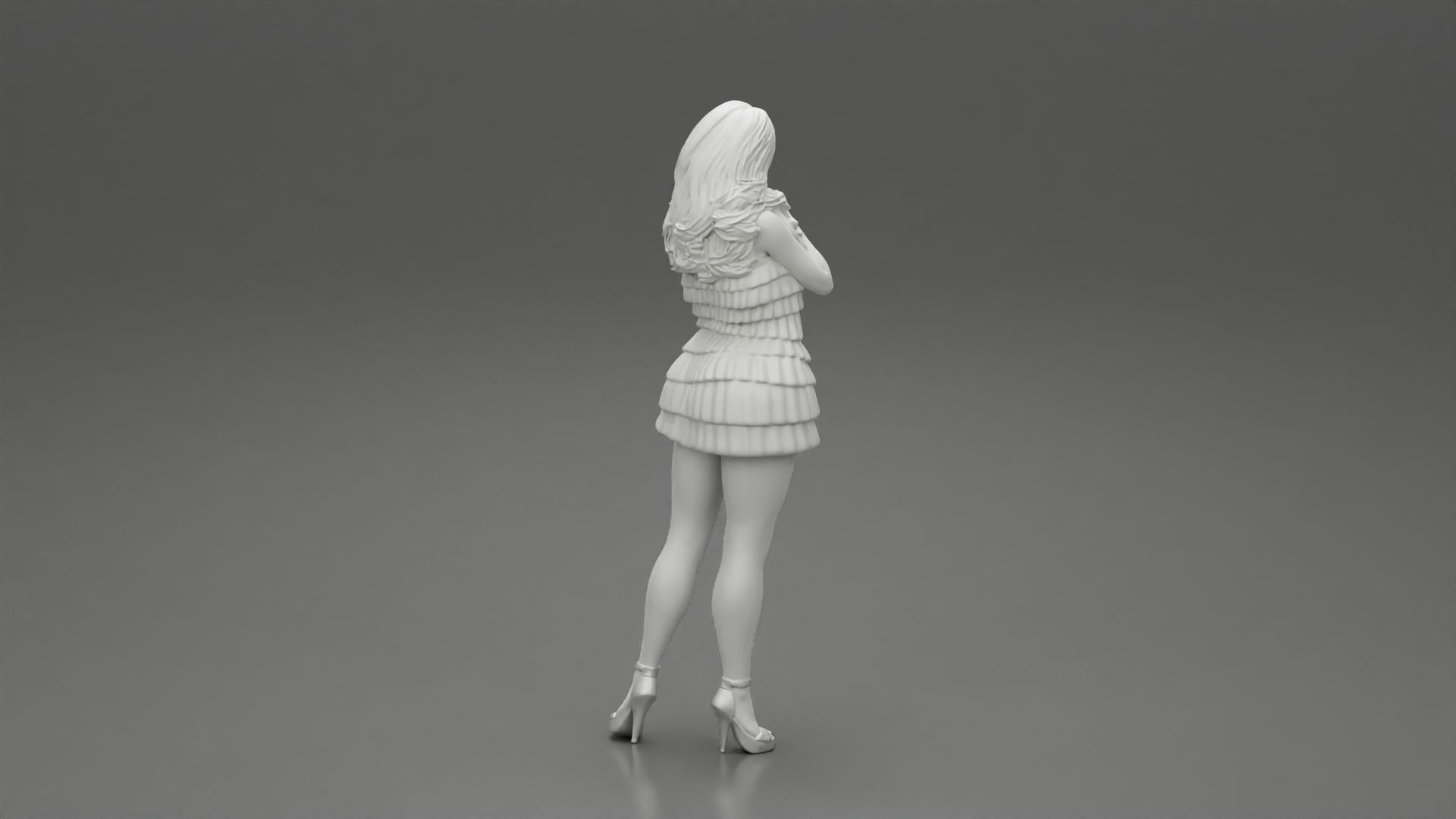 Woman with long hair standing and posing in fashion summer dress 3D print model_9