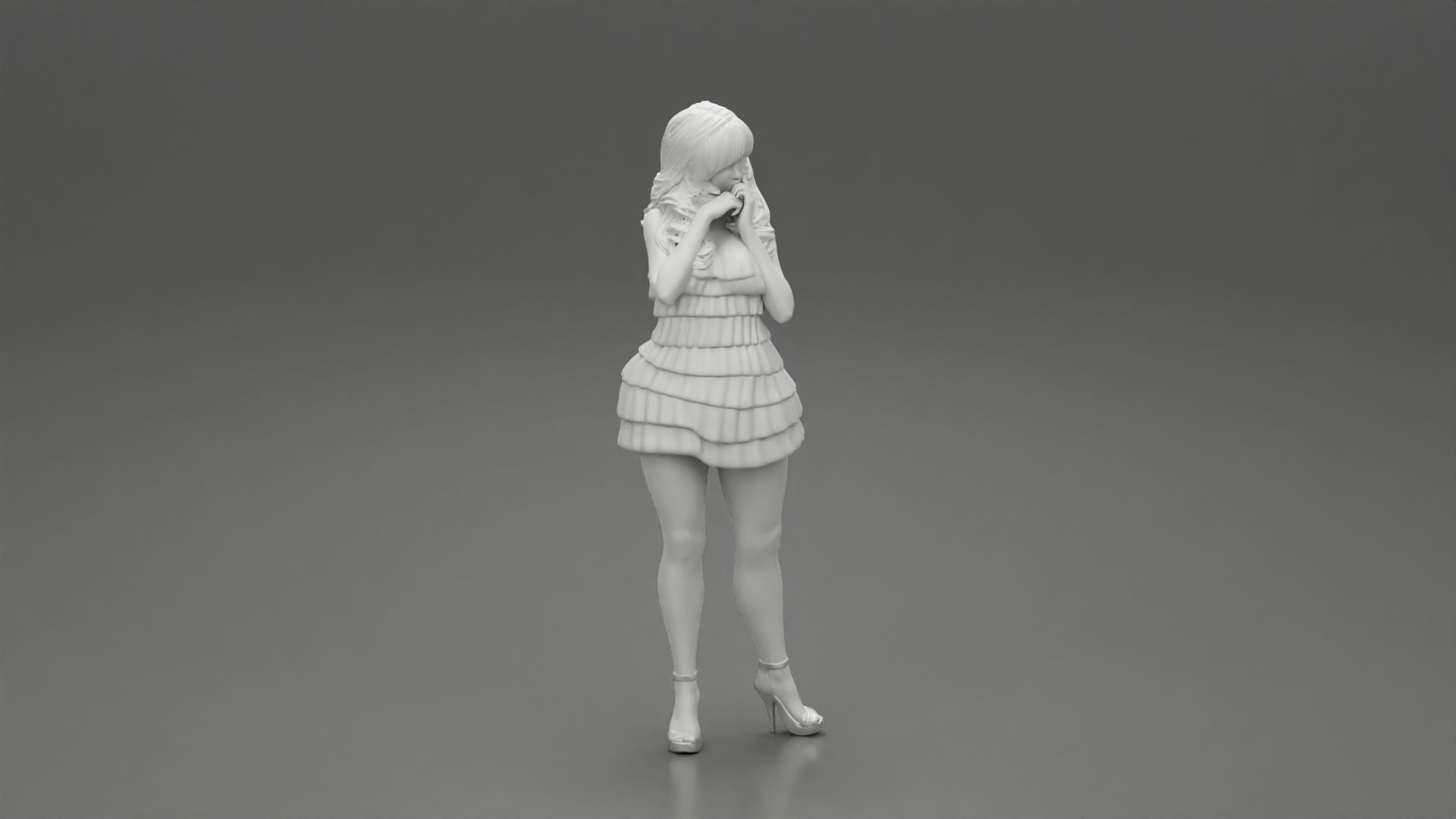 Woman with long hair standing and posing in fashion summer dress 3D print model_7