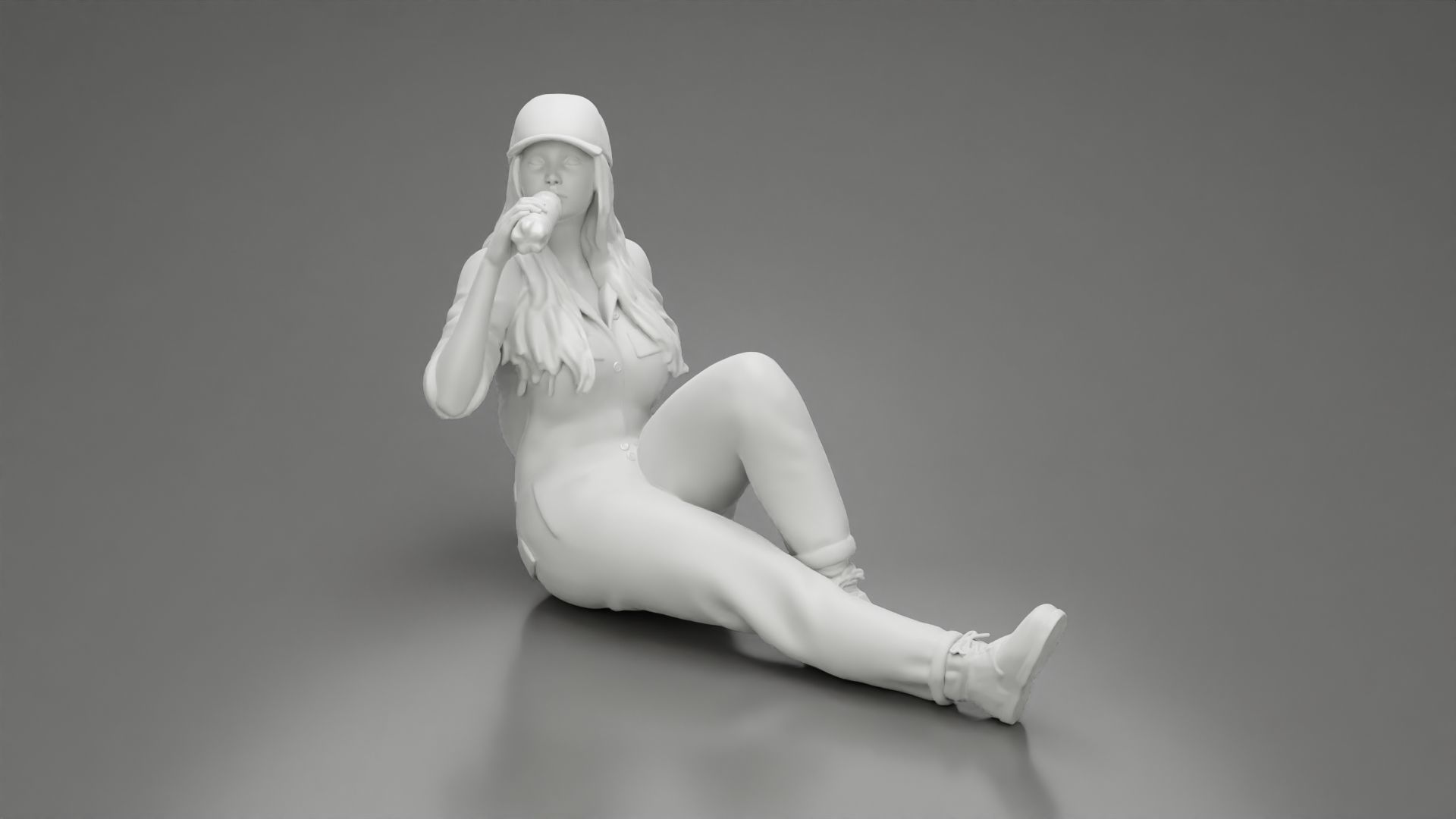 Tired woman mechanic in suit cap sitting drinking water  3D print model_8