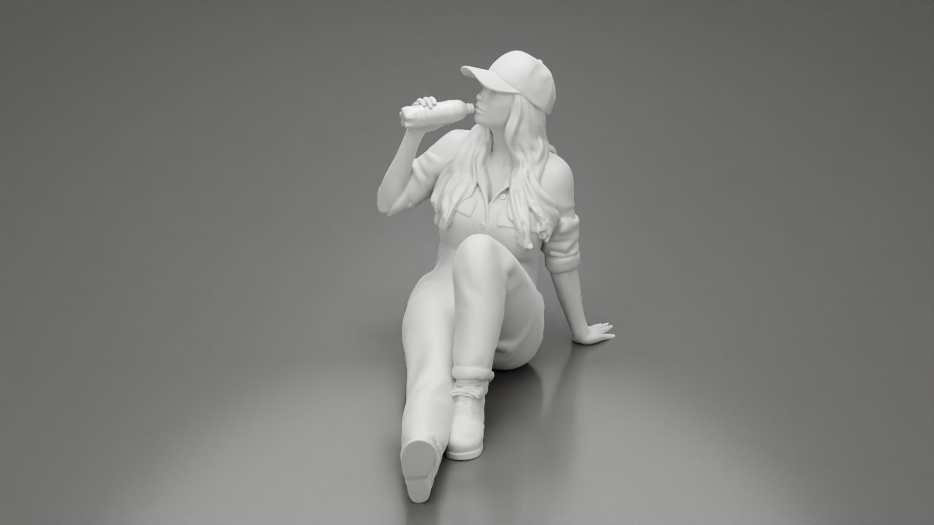 Tired woman mechanic in suit cap sitting drinking water  3D print model_7