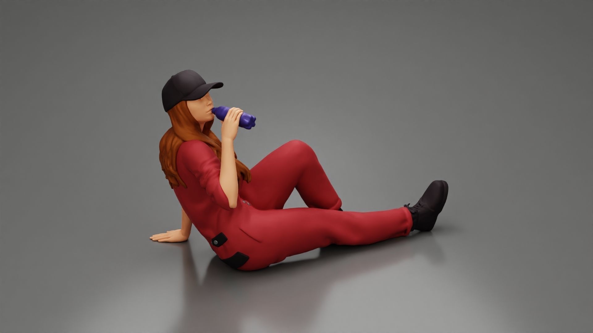 Tired woman mechanic in suit cap sitting drinking water  3D print model_3
