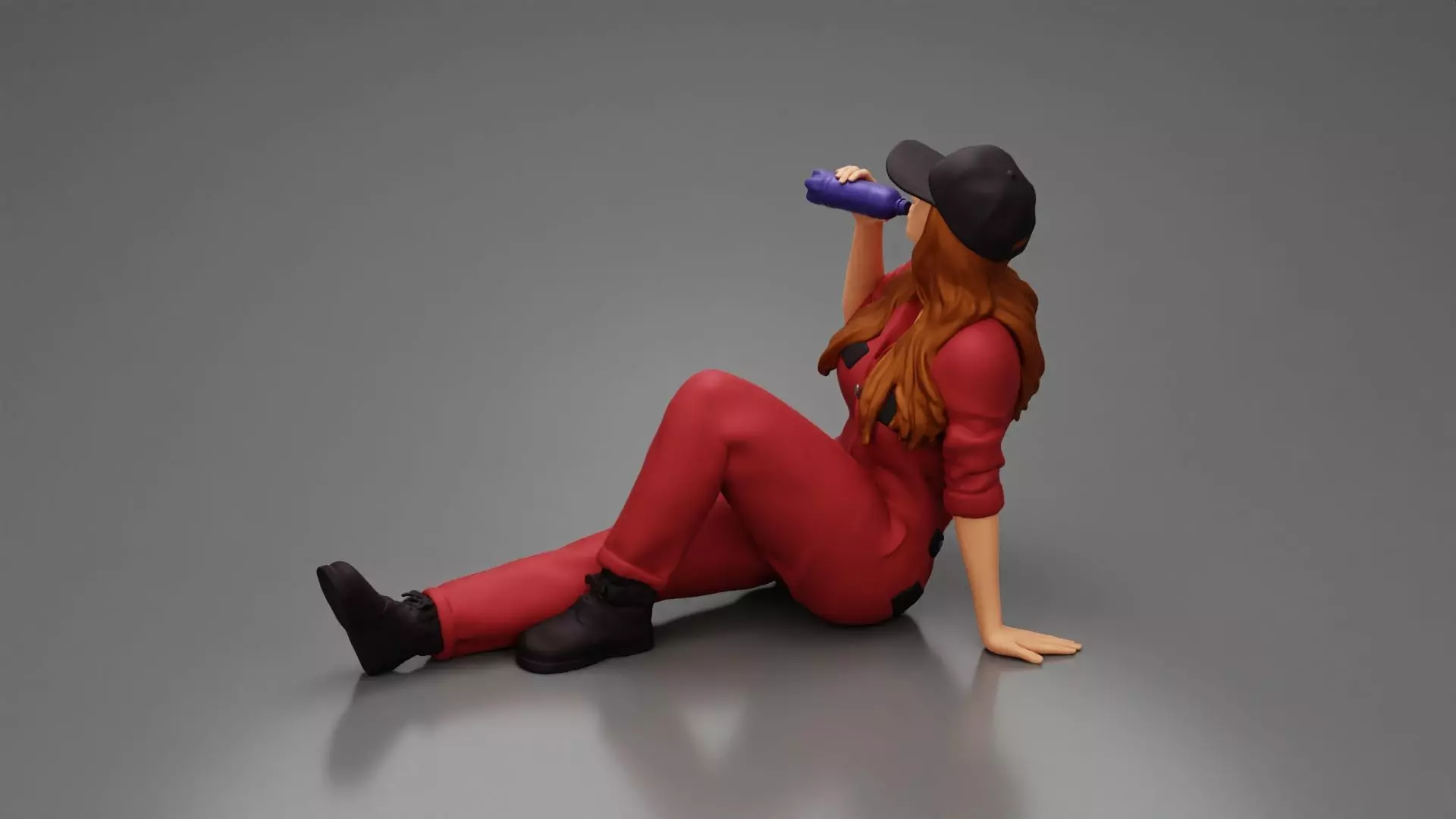 Tired woman mechanic in suit cap sitting drinking water  3D print model_0