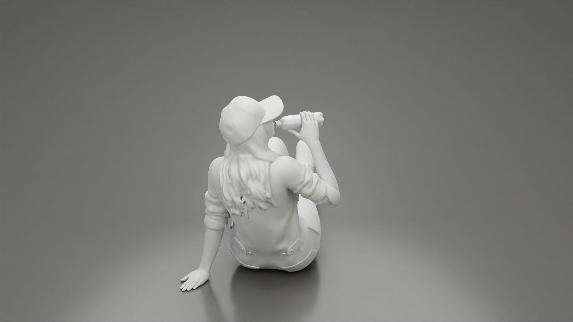 Tired woman mechanic in suit cap sitting drinking water  3D print model_10