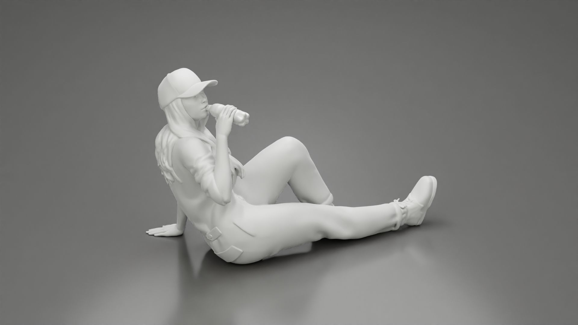 Tired woman mechanic in suit cap sitting drinking water  3D print model_9