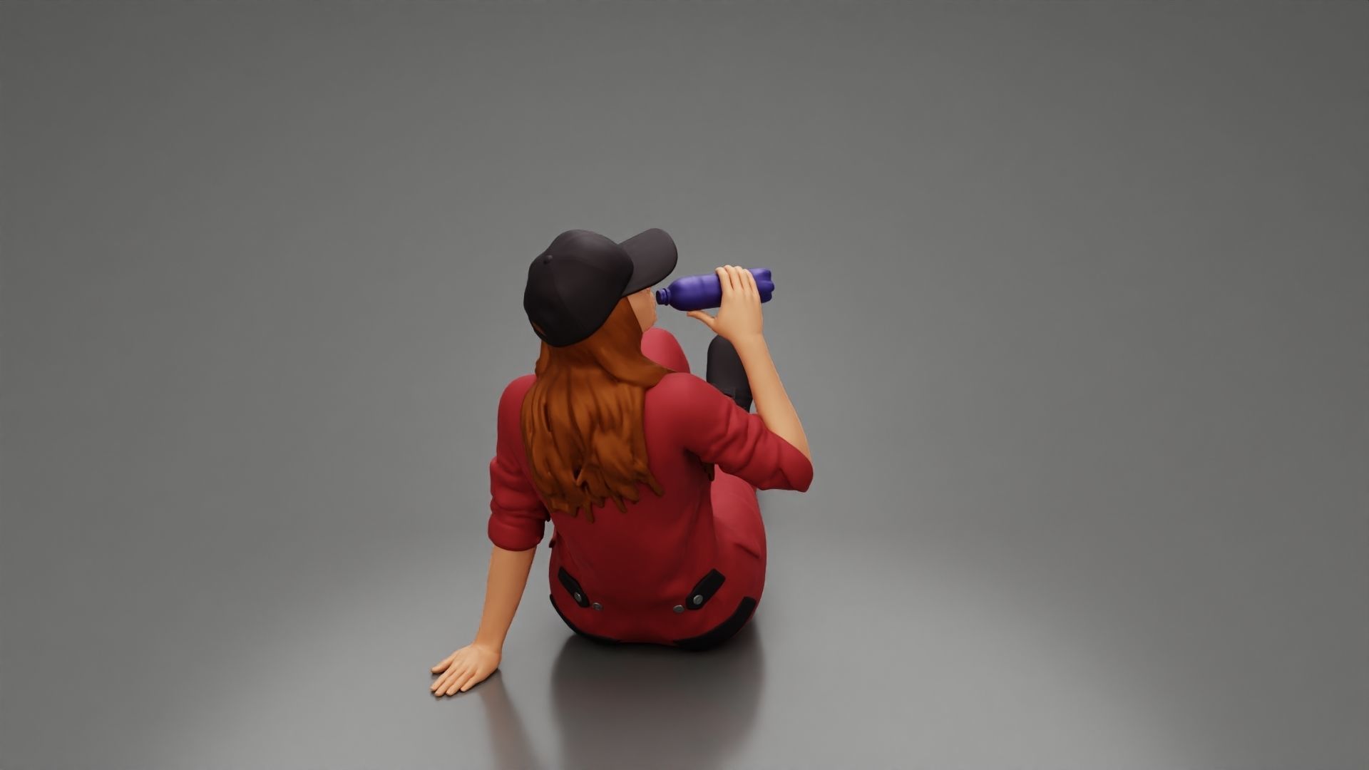 Tired woman mechanic in suit cap sitting drinking water  3D print model_4