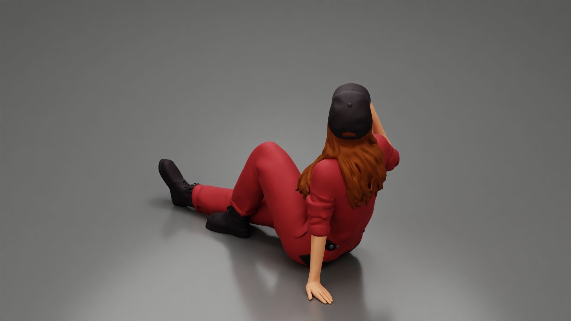 Tired woman mechanic in suit cap sitting drinking water  3D print model_5