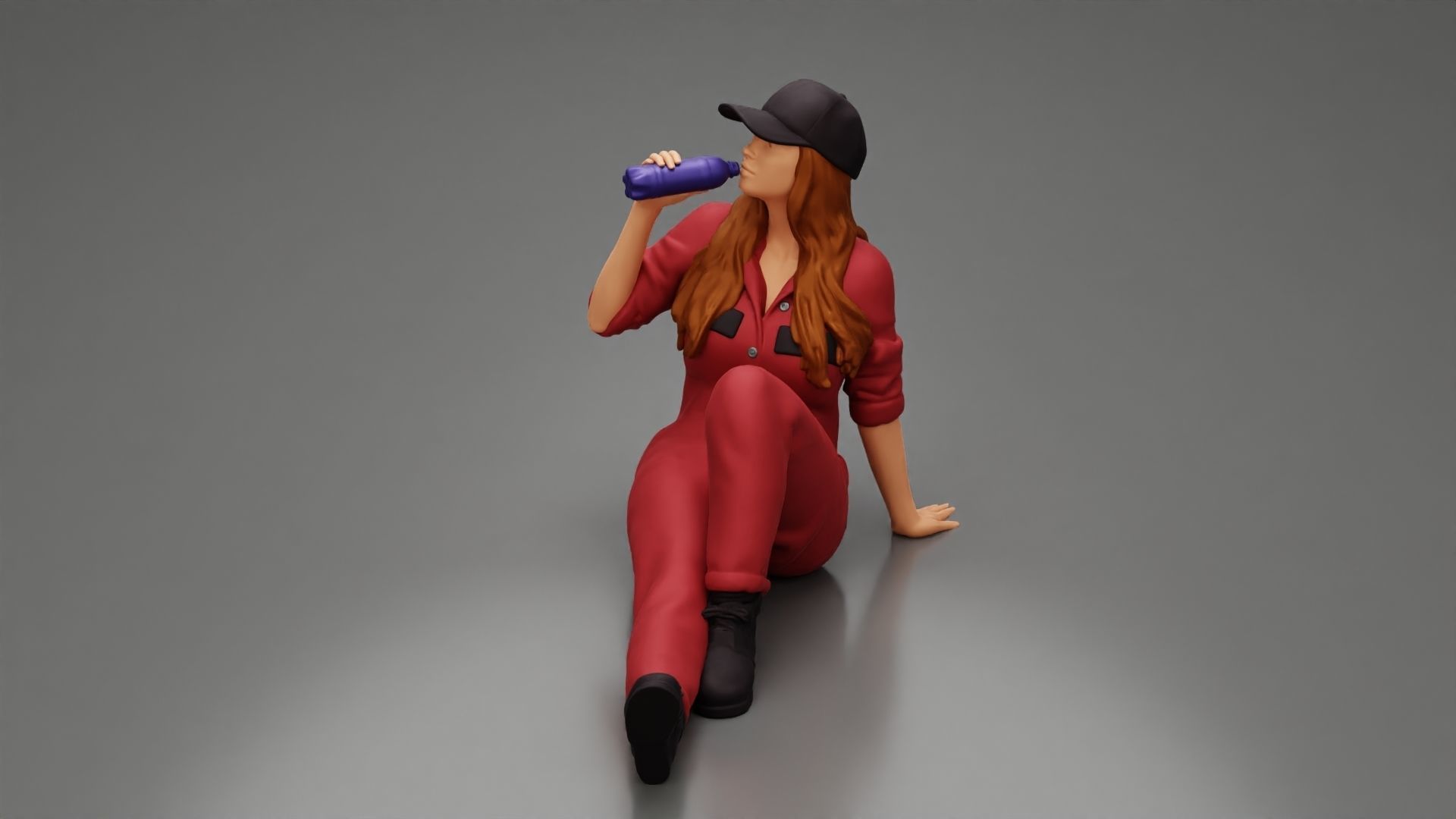 Tired woman mechanic in suit cap sitting drinking water  3D print model_1