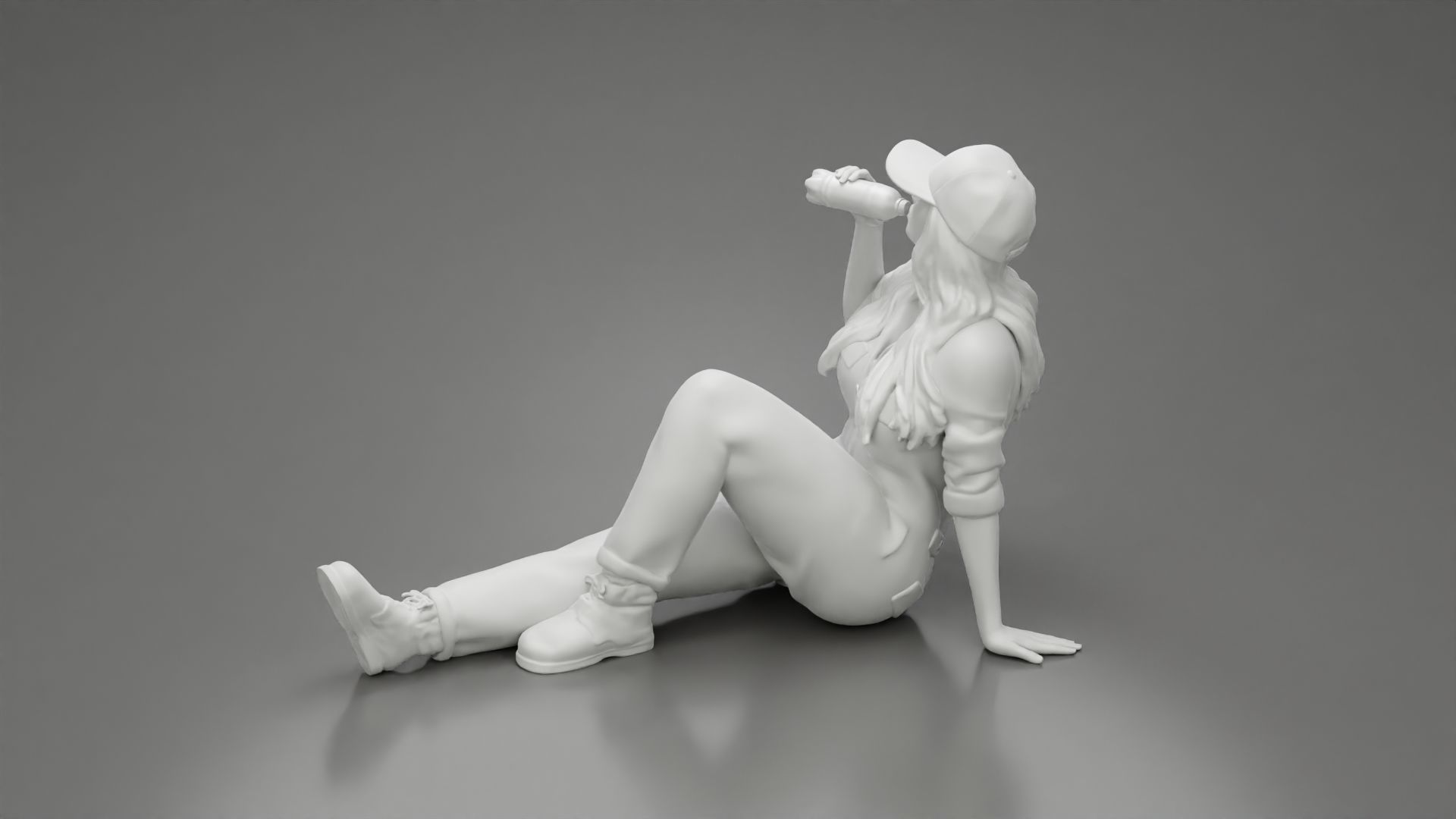 Tired woman mechanic in suit cap sitting drinking water  3D print model_6