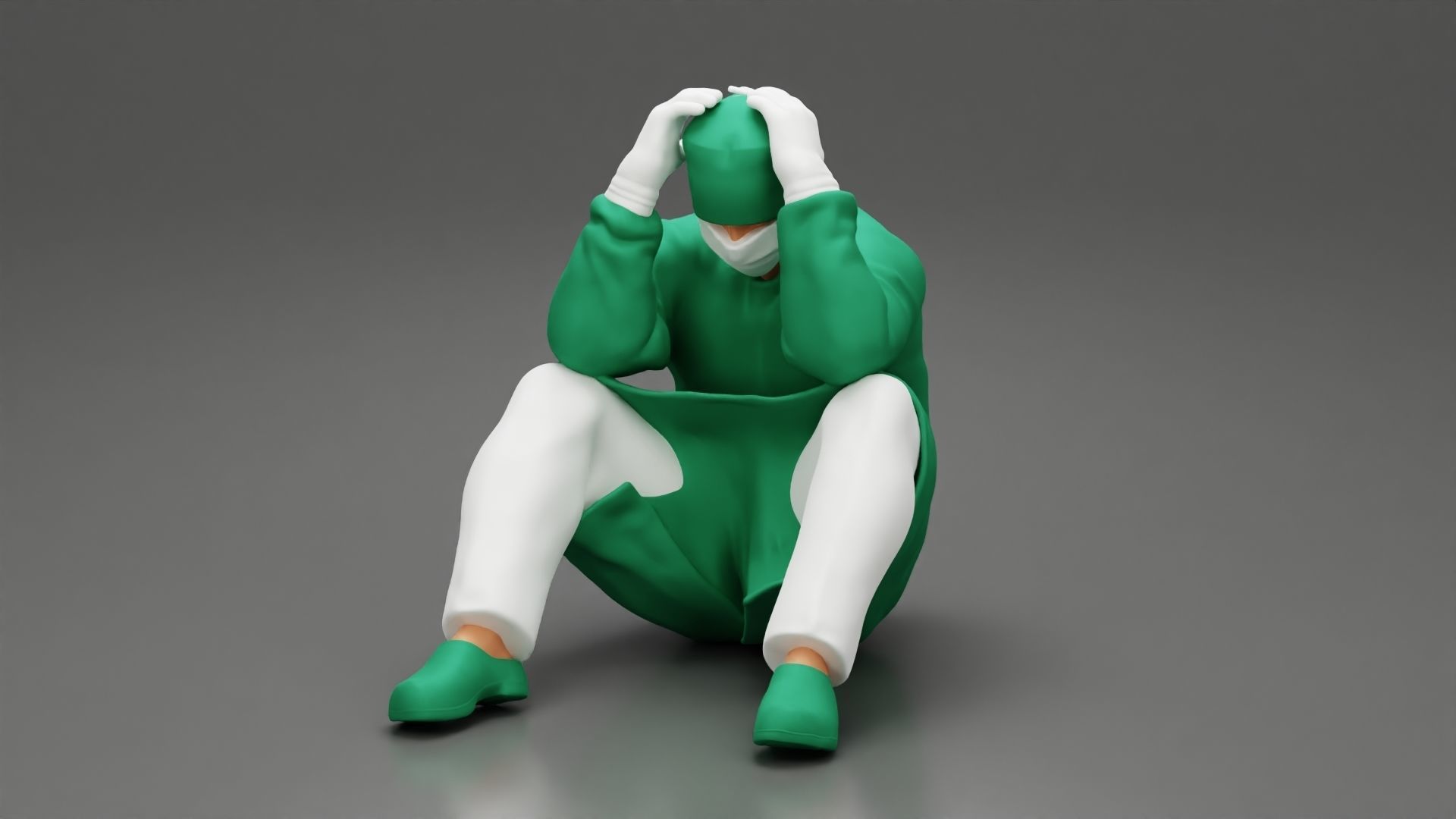 Thoughtful Surgeon Sitting In A Operating Room His Hand On Head 3D print model_5