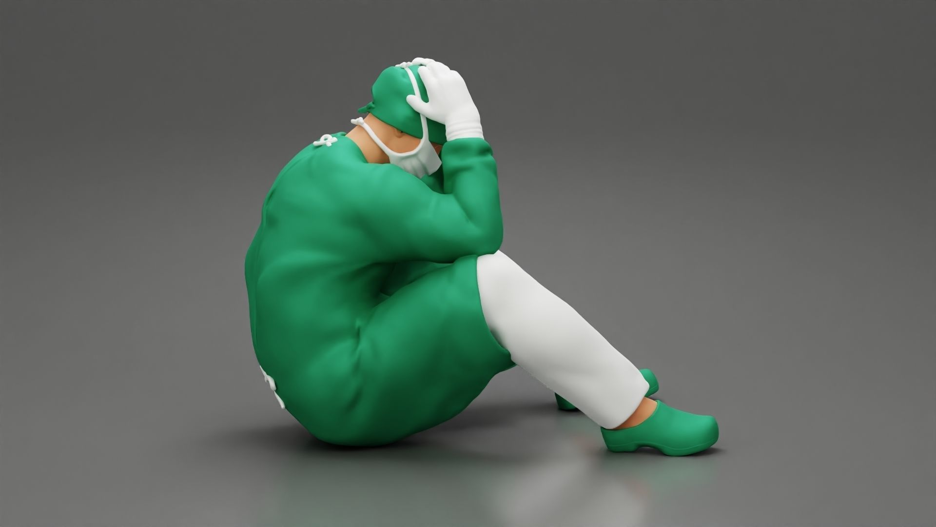 Thoughtful Surgeon Sitting In A Operating Room His Hand On Head 3D print model_1