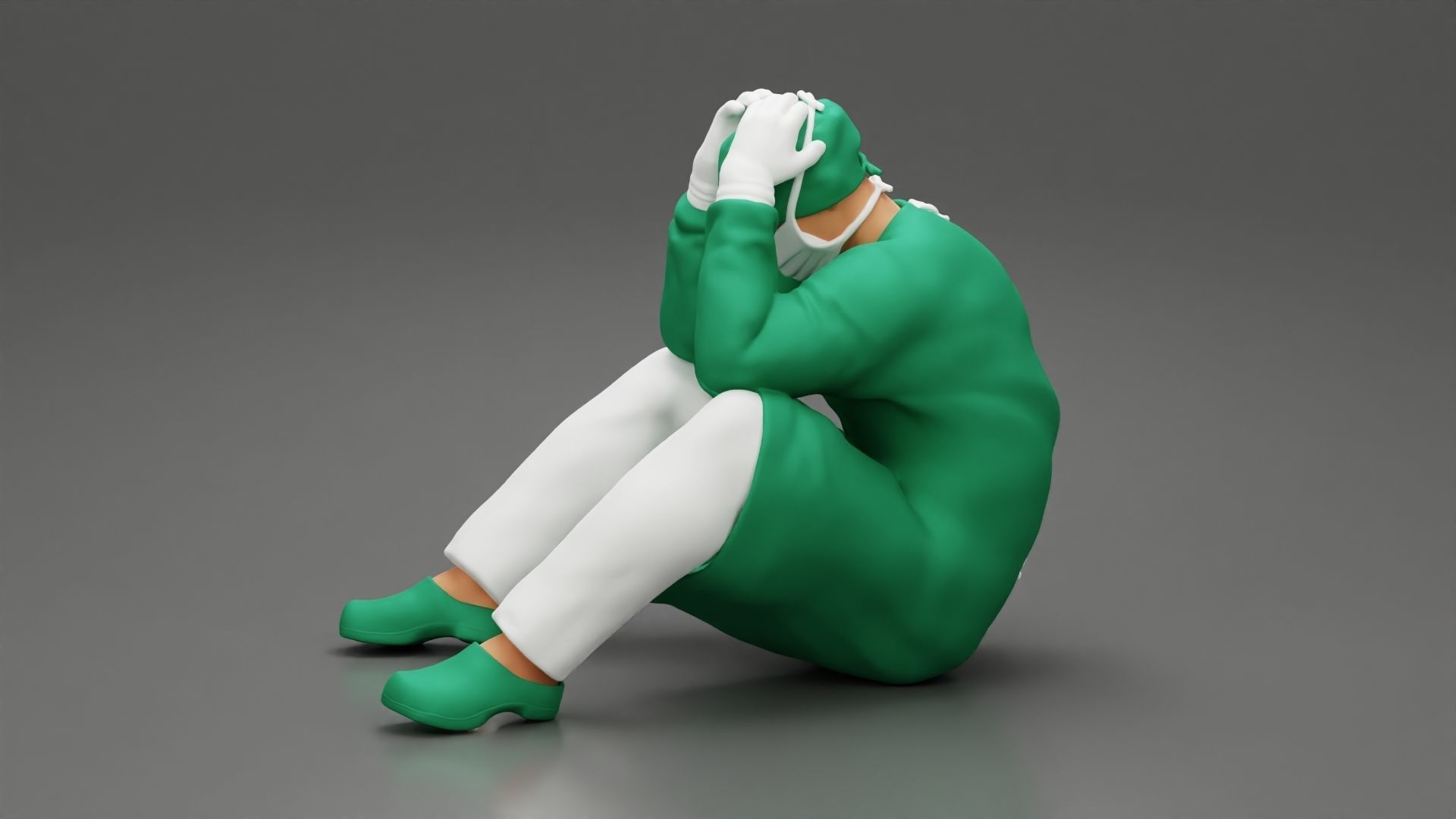 Thoughtful Surgeon Sitting In A Operating Room His Hand On Head 3D print model_4